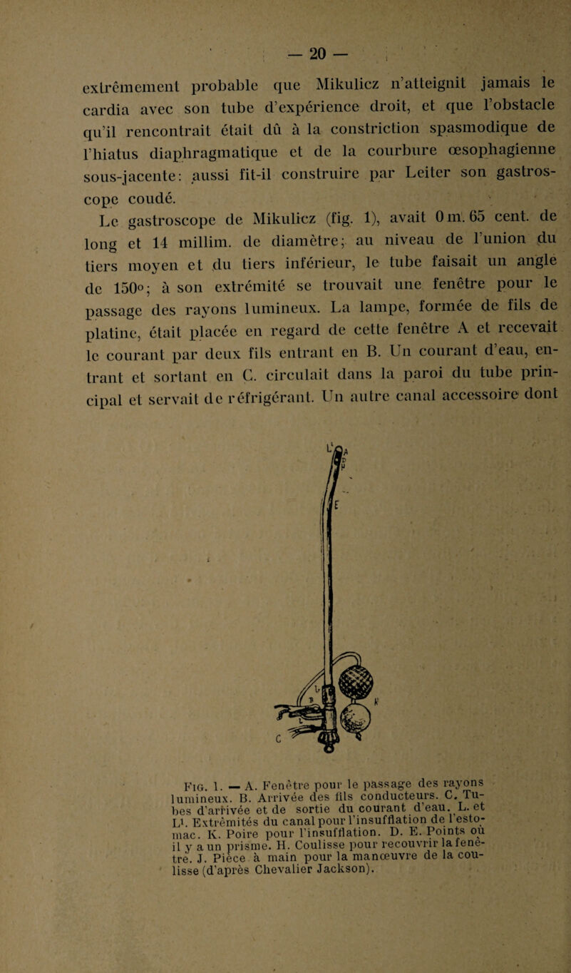 . . • ' . v - 20 — ; 1 ■ ' \4 ! 1 « exlrêmcmenl probable que Mikulicz n’atteignit jamais le cardia avec son tube d’expérience droit, et que l’obstacle qu’il rencontrait était dû à la constriction spasmodique de l’hiatus diaphragmatique et de la courbure œsophagienne sous-jacente: aussi fit-il construire par Leiter son gastros- cope coudé. Le gastroscope de Mikulicz (fig. 1), avait 0 m. 65 cent, de long et 14 millim. de diamètre; au niveau de 1 union du tiers moyen et du tiers inférieur, le tube faisait un angle de 150°; à son extrémité se trouvait une fenêtre pour le passage des rayons lumineux. La lampe, formée de fils de platine, était placée en regard de cette fenêtre A et recevait le courant par deux fils entrant en B. Un courant d’eau, en¬ trant et sortant en C. circulait dans la paroi du tube prin¬ cipal et servait de réfrigérant. Un autre canal accessoire dont Fig. 1. — A. Fenêtre pour le passage des rayons lumineux. B. Arrivée des lils conducteurs. C. Tu¬ bes d'arrivée et de sortie du courant deau.^L. et Lb Extrémités du canal pour l’insufflation de l’esto¬ mac. K. Poire pour l’insufflation. D. E. Points ou il y a un prisme. H. Coulisse pour recouvrir la fene- tré. J. Piece à main pour la manœuvre de la cou¬ lisse (d’après Chevalier Jackson).