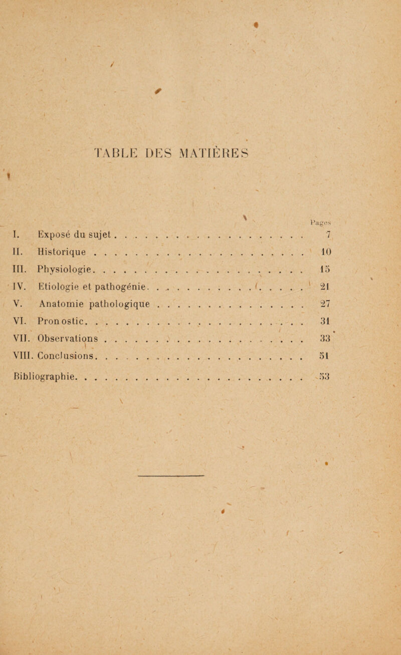 f TABI.E DBS MATIERES V'agcîs I. Kxposé du sujet. 7 I ' ' H. Historique. 10 III. Physiologie. 15 IV. Etiologie et pathogénie.. . . .' i21 V. Anatomie pathologique. 27 VI. Pronostic.. . . 31 ' . I , VII. Observations... . . . . 33 VIII. Conclusions. 51 Bibliographie. 53 r \ .