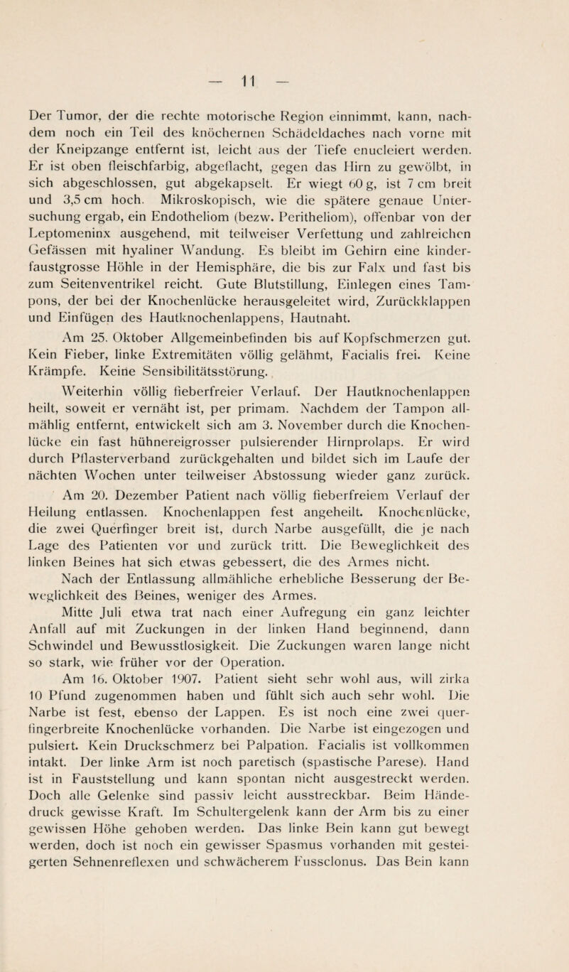 Der Tumor, der die rechte motorische Region einnimmt, kann, nach¬ dem noch ein Teil des knöchernen Schädeldaches nach vorne mit der Kneipzange entfernt ist, leicht aus der Tiefe enucleiert werden. Er ist oben fleischfarbig, abgeflacht, gegen das Hirn zu gewölbt, in sich abgeschlossen, gut abgekapselt. Er wiegt bO g, ist 7 cm breit und 3,5 cm hoch. Mikroskopisch, wie die spätere genaue Unter¬ suchung ergab, ein Endotheliom (bezw. Peritheliom), offenbar von der Leptomeninx ausgehend, mit teilweiser Verfettung und zahlreichen Gefässen mit hyaliner Wandung. Es bleibt im Gehirn eine kinder¬ faustgrosse Höhle in der Hemisphäre, die bis zur Falx und fast bis zum Seitenventrikel reicht. Gute Blutstillung, Einlegen eines Tam¬ pons, der bei der Knochenlücke herausgeleitet wird, Zurückklappen und Einfügen des Hautknochenlappens, Hautnaht. Am 25. Oktober Allgemeinbefinden bis auf Kopfschmerzen gut. Kein Fieber, linke Extremitäten völlig gelähmt, Facialis frei. Keine Krämpfe. Keine Sensibilitätsstörung. Weiterhin völlig fieberfreier Verlauf. Der Hautknochenlappen heilt, soweit er vernäht ist, per primam. Nachdem der Tampon all¬ mäh 1 i g entfernt, entwickelt sich am 3. November durch die Knochen¬ lücke ein fast hühnereigrosser pulsierender Hirnprolaps. Er wird durch Pflasterverband zurückgehalten und bildet sich im Laufe der nächten Wochen unter teilweiser Abstossung wieder ganz zurück. Am 20. Dezember Patient nach völlig fieberfreiem Verlauf der Heilung entlassen. Knochenlappen fest angeheilt. Knochenlücke, die zwei Querfinger breit ist, durch Narbe ausgefüllt, die je nach Lage des Patienten vor und zurück tritt. Die Beweglichkeit des linken Beines hat sich etwas gebessert, die des Armes nicht. Nach der Entlassung allmähliche erhebliche Besserung der Be¬ weglichkeit des Beines, weniger des Armes. Mitte Juli etwa trat nach einer Aufregung ein ganz leichter Anfall auf mit Zuckungen in der linken Hand beginnend, dann Schwindel und Bewusstlosigkeit. Die Zuckungen waren lange nicht so stark, wie früher vor der Operation. Am 16. Oktober 1907. Patient sieht sehr wohl aus, will zirka 10 Pfund zugenommen haben und fühlt sich auch sehr wohl. Die Narbe ist fest, ebenso der Lappen. Es ist noch eine zwei quer¬ fingerbreite Knochenlücke vorhanden. Die Narbe ist eingezogen und pulsiert. Kein Druckschmerz bei Palpation. Facialis ist vollkommen intakt. Der linke Arm ist noch paretisch (spastische Parese). Hand ist in Fauststellung und kann spontan nicht ausgestreckt werden. Doch alle Gelenke sind passiv leicht ausstreckbar. Beim Hände¬ druck gewisse Kraft. Im Schultergelenk kann der Arm bis zu einer gewissen Höhe gehoben werden. Das linke Bein kann gut bewegt werden, doch ist noch ein gewisser Spasmus vorhanden mit gestei¬ gerten Sehnenreflexen und schwächerem Fussclonus. Das Bein kann