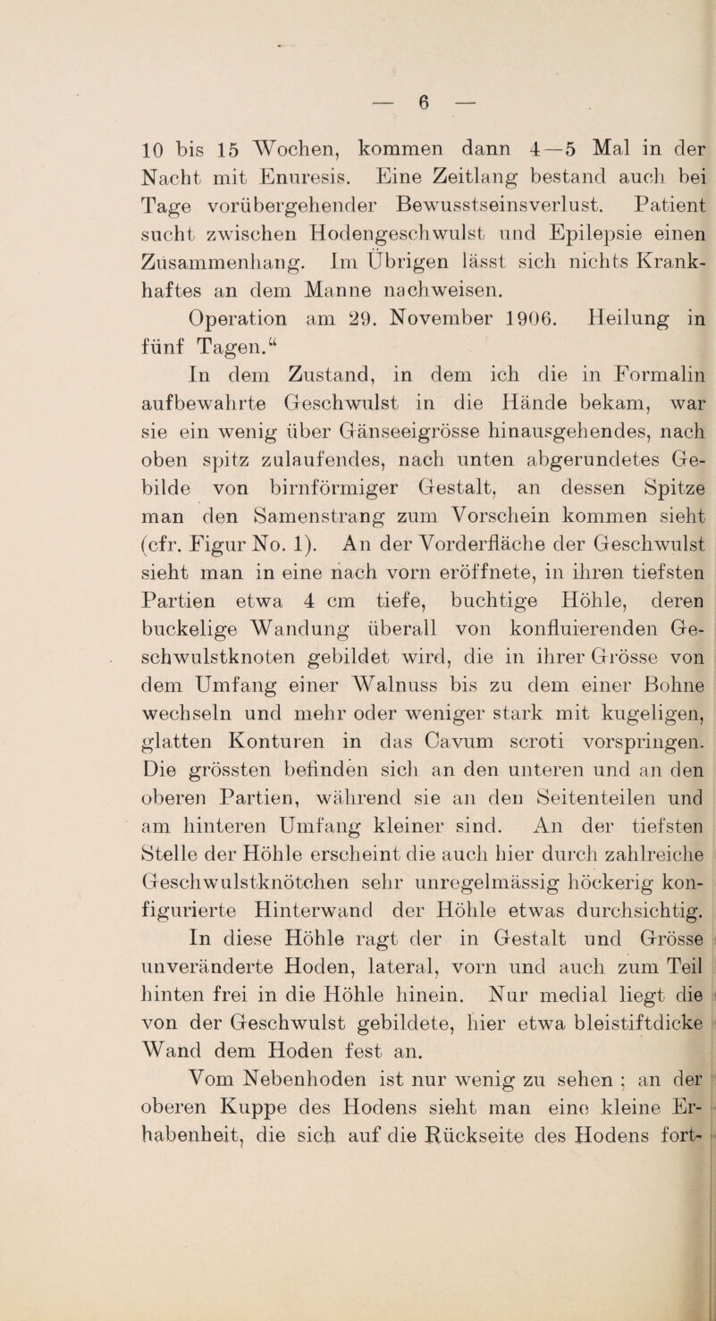 10 bis 15 Wochen, kommen dann 4—5 Mal in der Nacht mit Enuresis. Eine Zeitlang bestand auch bei Tage vorübergehender Bewusstseinsverlust. Patient sucht zwischen Hodengeschwulst und Epilepsie einen Zusammenhang. Im Übrigen lässt sich nichts Krank¬ haftes an dem Manne nachweisen. Operation am 29. November 1906. Heilung in fünf Tagen.“ In dem Zustand, in dem ich die in Formalin aufbewahrte Geschwulst in die Hände bekam, war sie ein wenig über Gänseeigrösse hinausgehendes, nach oben spitz zulaufendes, nach unten abgerundetes Ge¬ bilde von bimförmiger Gestalt, an dessen Spitze man den Samenstrang zum Vorschein kommen sieht (cfr. Figur No. 1). An der Vorderfläche der Geschwulst sieht man in eine nach vorn eröffnete, in ihren tiefsten Partien etwa 4 cm tiefe, buchtige Höhle, deren buckelige Wandung überall von konfluierenden Ge¬ schwulstknoten gebildet wird, die in ihrer Grösse von dem Umfang einer Walnuss bis zu dem einer Bohne wechseln und mehr oder weniger stark mit kugeligen, glatten Konturen in das Cavum scroti vorspringen. Die grössten befinden sich an den unteren und an den oberen Partien, während sie an den Seitenteilen und am hinteren Umfang kleiner sind. An der tiefsten Stelle der Höhle erscheint die auch hier durch zahlreiche Geschwulstknötchen sehr unregelmässig höckerig kon¬ figurierte Hinterwand der Höhle etwas durchsichtig. In diese Höhle ragt der in Gestalt und Grösse unveränderte Hoden, lateral, vorn und auch zum Teil hinten frei in die Höhle hinein. Nur medial liegt die von der Geschwulst gebildete, hier etwa bleistiftdicke Wand dem Hoden fest an. Vom Nebenhoden ist nur wenig zu sehen ; an der oberen Kuppe des Hodens sieht man eine kleine Er¬ habenheit, die sich auf die Rückseite des Hodens fort-