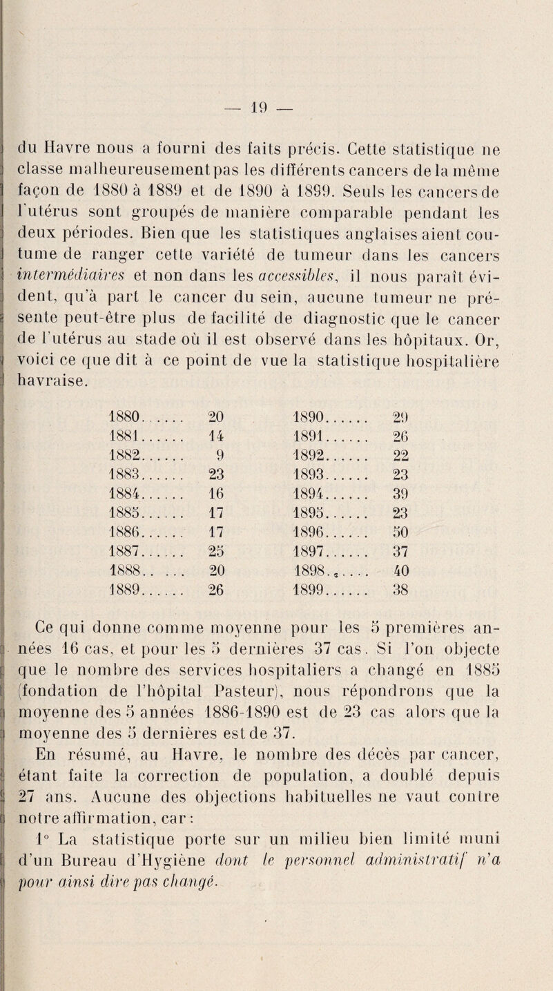 du Havre nous a fourni des faits précis. Cette statistique ne classe malheureusementpas les différents cancers de la même 1 façon de 1880 à 1889 et de 1890 à 1899. Seuls les cancers de ■ l'utérus sont groupés de manière comparable pendant les deux périodes. Bien que les statistiques anglaises aient cou¬ tume de ranger cette variété de tumeur dans les cancers intermédiaires et non dans les accessibles, il nous paraît évi- ; dent, qu'à part le cancer du sein, aucune tumeur ne pré¬ sente peut-être plus de facilité de diagnostic que le cancer de l'utérus au stade où il est observé dans les hôpitaux. Or, voici ce que dit à ce point de vue la statistique hospitalière havraise. 1880.. .... 20 1890. 29 1881.. ... . 14 1891. 26 1882.. 9 1892. 22 1883.. .... 23 1893. 23 1884.. . ... 16 1894. 39 1885.. . . .. 17 1895. 23 1886.. . . . 17 1896. 50 1887.. .... 25 1897...... 37 1888.. ... 20 1898...... 40 1889.. .... 26 1899. 38 Ce qui donne comme moyenne pour les 5 premières an¬ nées 16 cas, et pour les 5 dernières 37 cas. Si ion objecte ; que le nombre des services hospitaliers a changé en 1885 S (fondation de l’hôpital Pasteur), nous répondrons que la moyenne des 5 années 1886-1890 est de 23 cas alors que la moyenne des 5 dernières est de 37. En résumé, au Havre, le nombre des décès par cancer, 1 étant faite la correction de population, a doublé depuis J: 27 ans. Aucune des objections habituelles ne vaut contre (I notre affirmation, car : 1° La statistique porte sur un milieu bien limité muni l d’un Bureau d’Hygiène dont le personnel administratif n’a t pour ainsi dire pas changé.