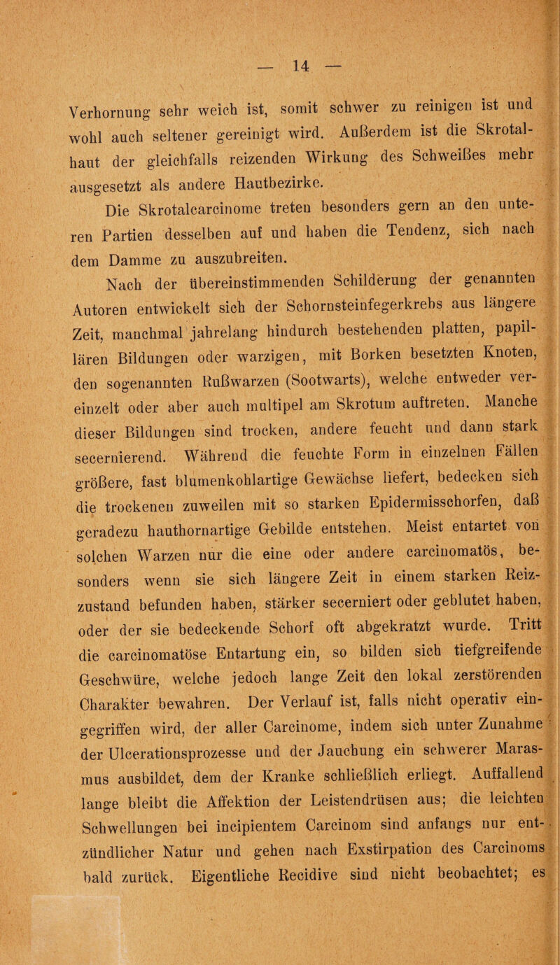 Verhornung sehr weich ist, somit schwer zu reinigen ist und wohl auch seltener gereinigt wird. Außerdem ist die Skrotal- haut der gleichfalls reizenden Wirkung des Schweißes mehr ausgesetzt als andere Hautbezirke. Die Skrotalcarcinome treten besonders gern an den unte¬ ren Partien desselben auf und haben die Tendenz, sich nach dem Damme zu auszubreiten. Nach der übereinstimmenden Schilderung der genannten Autoren entwickelt sich der Schornsteinfegerkrebs aus längere Zeit, manchmal jahrelang hindurch bestehenden platten, papil¬ lären Bildungen oder warzigen, mit Borken besetzten Knoten, den sogenannten Rußwarzen (Sootwarts), welche entwedei ver¬ einzelt oder aber auch multipel am Skrotum auftreten. Manche dieser Bildungen sind trocken, andere feucht und dann stark secernierend. Während die feuchte Form in einzelnen Fällen größere, fast blumenkohlartige Gewächse liefert, bedecken sich die trockenen zuweilen mit so starken Epidermisschorfen, daß geradezu hauthornartige Gebilde entstehen. Meist entartet von solchen Warzen nur die eine oder andere carcinomatös, be¬ sonders wenn sie sich längere Zeit in einem starken Reiz¬ zustand befunden haben, stärker secerniert oder geblutet haben, oder der sie bedeckende Schorf oft abgekratzt wurde. Tritt die carcinomatöse Entartung ein, so bilden sich tiefgreifende Geschwüre, welche jedoch lange Zeit den lokal zerstörenden Charakter bewahren. Der Verlauf ist, falls nicht operativ ein¬ gegriffen wird, der aller Carcinome, indem sich unter Zunahme der Ulcerationsprozesse und der Jaucbung ein schwerer Maras¬ mus ausbildet, dem der Kranke schließlich erliegt. Auffallend lange bleibt die Affektion der Leistendrüsen aus; die leichten Schwellungen bei incipientem Carcinom sind anfangs nur ent¬ zündlicher Natur und gehen nach Exstirpation des Carcinoms bald zurück. Eigentliche Recidive sind nicht beobachtet; es