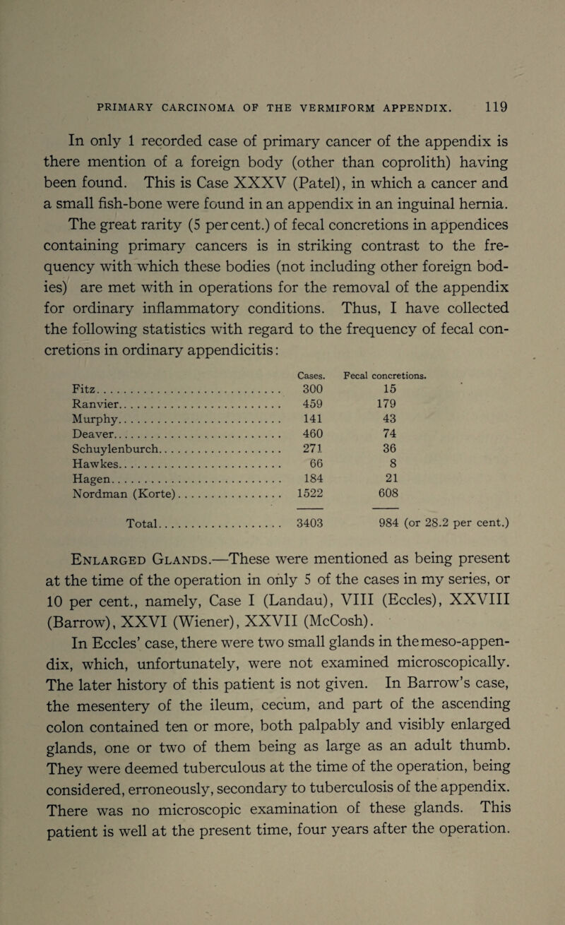 In only 1 recorded case of primary cancer of the appendix is there mention of a foreign body (other than coprolith) having been found. This is Case XXXV (Patel), in which a cancer and a small fish-bone were found in an appendix in an inguinal hernia. The great rarity (5 percent.) of fecal concretions in appendices containing primary cancers is in striking contrast to the fre¬ quency with which these bodies (not including other foreign bod¬ ies) are met with in operations for the removal of the appendix for ordinary inflammatory conditions. Thus, I have collected the following statistics with regard to the frequency of fecal con¬ cretions in ordinary appendicitis: Cases. Fecal concretions. Fitz. 300 15 Ranvier. 459 179 Murphy. 141 43 Deaver. 460 74 Schuylenburch. 271 36 Hawkes. 66 8 Hagen. 184 21 Nordman (Korte). 1522 608 Total. 3403 984 (or 28.2 per cent.) Enlarged Glands.—These were mentioned as being present at the time of the operation in only 5 of the cases in my series, or 10 per cent., namely, Case I (Landau), VIII (Eccles), XXVIII (Barrow), XXVI (Wiener), XXVII (McCosh). In Eccles’ case, there were two small glands in themeso-appen- dix, which, unfortunately, were not examined microscopically. The later history of this patient is not given. In Barrow’s case, the mesentery of the ileum, cecum, and part of the ascending colon contained ten or more, both palpably and visibly enlarged glands, one or two of them being as large as an adult thumb. They were deemed tuberculous at the time of the operation, being considered, erroneously, secondary to tuberculosis of the appendix. There was no microscopic examination of these glands. This patient is well at the present time, four years after the operation.
