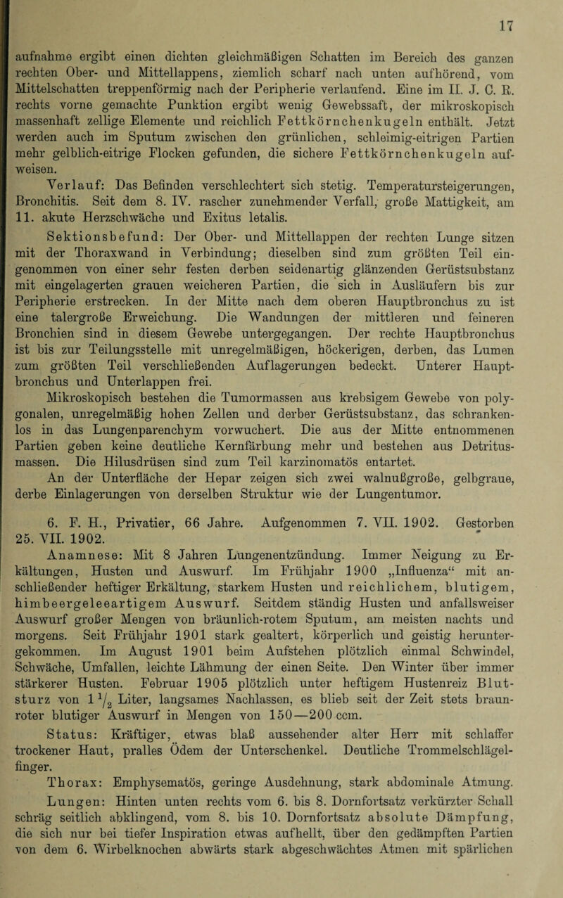 aufnahme ergibt einen dichten gleichmäßigen Schatten im Bereich des ganzen rechten Ober- und Mittellappens, ziemlich scharf nach unten auf hörend, vom Mittelschatten treppenförmig nach der Peripherie verlaufend. Eine im II. J. C. R. rechts vorne gemachte Punktion ergibt wenig Gewebssaft, der mikroskopisch massenhaft zellige Elemente und reichlich Fettkörnchenkugeln enthält. Jetzt werden auch im Sputum zwischen den grünlichen, schleimig-eitrigen Partien mehr gelblich-eitrige Flocken gefunden, die sichere Fettkörnchenkugeln auf¬ weisen. Verlauf: Das Befinden verschlechtert sich stetig. Temperatursteigerungen, Bronchitis. Seit dem 8. IV. rascher zunehmender Verfall, große Mattigkeit, am 11. akute Herzschwäche und Exitus letalis. Sektionsbefund: Der Ober- und Mittellappen der rechten Lunge sitzen mit der Thoraxwand in Verbindung; dieselben sind zum größten Teil ein¬ genommen von einer sehr festen derben seidenartig glänzenden Gerüstsubstanz mit eingelagerten grauen weicheren Partien, die sich in Ausläufern bis zur Peripherie erstrecken. In der Mitte nach dem oberen Hauptbronchus zu ist eine talergroße Erweichung. Die Wandungen der mittleren und feineren Bronchien sind in diesem Gewebe untergegangen. Der rechte Hauptbronchus ist bis zur Teilungsstelle mit unregelmäßigen, höckerigen, derben, das Lumen zum größten Teil verschließenden Auflagerungen bedeckt. Unterer Haupt¬ bronchus und Unterlappen frei. Mikroskopisch bestehen die Tumormassen aus krebsigem Gewebe von poly¬ gonalen, unregelmäßig hohen Zellen und derber Gerüstsubstanz, das schranken¬ los in das Lungenparenchym vorwuchert. Die aus der Mitte entnommenen Partien geben keine deutliche Kernfärbung mehr und bestehen aus Detritus¬ massen. Die Hilusdrüsen sind zum Teil karzinomatös entartet. An der Unterfläche der Hepar zeigen sich zwei walnußgroße, gelbgraue, derbe Einlagerungen von derselben Struktur wie der Lungentumor. 6. F. H., Privatier, 66 Jahre. Aufgenommen 7. VII. 1902. Gestorben 25. VII. 1902. Anamnese: Mit 8 Jahren Lungenentzündung. Immer Neigung zu Er¬ kältungen, Husten und Auswurf. Im Frühjahr 1900 „Influenza“ mit an¬ schließender heftiger Erkältung, starkem Husten und reichlichem, blutigem, himbeergeleeartigem Auswurf. Seitdem ständig Husten und anfallsweiser Auswurf großer Mengen von bräunlich-rotem Sputum, am meisten nachts und morgens. Seit Frühjahr 1901 stark gealtert, körperlich und geistig herunter¬ gekommen. Im August 1901 beim Aufstehen plötzlich einmal Schwindel, Schwäche, Umfallen, leichte Lähmung der einen Seite. Den Winter über immer stärkerer Husten. Februar 1905 plötzlich unter heftigem Hustenreiz Blut¬ sturz von 11j2 Liter, langsames Nachlassen, es blieb seit der Zeit stets braun¬ roter blutiger Auswurf in Mengen von 150—200 ccm. Status: Kräftiger, etwas blaß aussehender alter Herr mit schlaffer trockener Haut, pralles Ödem der Unterschenkel. Deutliche Trommelschlägel¬ finger. Thorax: Emphysematos, geringe Ausdehnung, stark abdominale Atmung. Lungen: Hinten unten rechts vom 6. bis 8. Dornfortsatz verkürzter Schall schräg seitlich abklingend, vom 8. bis 10. Dornfortsatz absolute Dämpfung, die sich nur bei tiefer Inspiration etwas aufhellt, über den gedämpften Partien \on dem 6. Wirbelknochen abwärts stark abgeschwächtes Atmen mit spärlichen