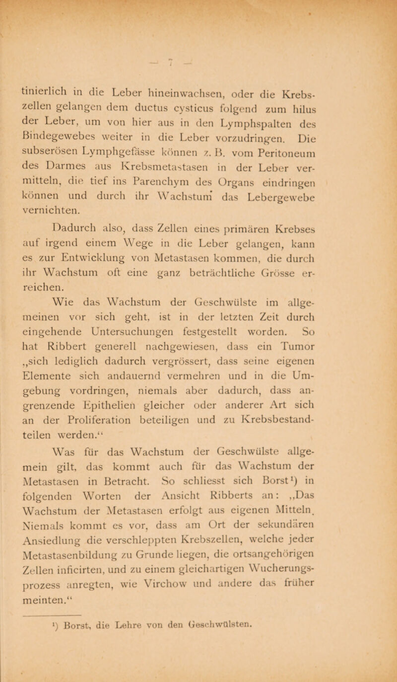 tinierlich in die Leber hineinwachsen, oder die Krebs¬ zellen gelangen dem ductus cysticus folgend zum liilus der Leber, um von hier aus in den Lymphspalten des Bindegewebes weiter in die Leber vorzudringen. Die subserösen Lymphgefässe können z. B. vom Peritoneum des Darmes aus Krebsmetastasen in der Leber ver¬ mitteln, die tief ins Parenchym des Organs eindringen können und durch ihr Wachstum das Lebergewebe vernichten. Dadurch also, dass Zellen eines primären Krebses auf irgend einem Wege in die Leber gelangen, kann es zur Entwicklung von Metastasen kommen, die durch ihr Wachstum oft eine ganz beträchtliche Grösse er¬ reichen. Wie das Wachstum der Geschwülste im allge¬ meinen vor sich geht, ist in der letzten Zeit durch eingehende Untersuchungen festgestellt worden. So hat Ribbert generell nachgewiesen, dass ein Tumor ,,sich lediglich dadurch vergrössert, dass seine eigenen Elemente sich andauernd vermehren und in die Um¬ gebung Vordringen, niemals aber dadurch, dass an¬ grenzende PIpithelien gleicher oder anderer Art sich an der Proliferation beteiligen und zu Krebsbestand¬ teilen werden.“ Was für das Wachstum der Geschwülste allge¬ mein gilt, das kommt auch für das Wachstum der Metastasen in Betracht. So schliesst sich Borst1) in folgenden Worten der Ansicht Ribberts an: ,,Das Wachstum der Metastasen erfolgt aus eigenen Mitteln. Niemals kommt es vor, dass am Ort der sekundären Ansiedlung die verschleppten Krebszellen, welche jeder Metastasenbildung zu Grunde liegen, die ortsangehörigen Zellen inficirten, und zu einem gleichartigen Wucherungs¬ prozess anregten, wie Virchow und andere das früher meinten.“ i) Borst, die Lehre von den Geschwülsten.