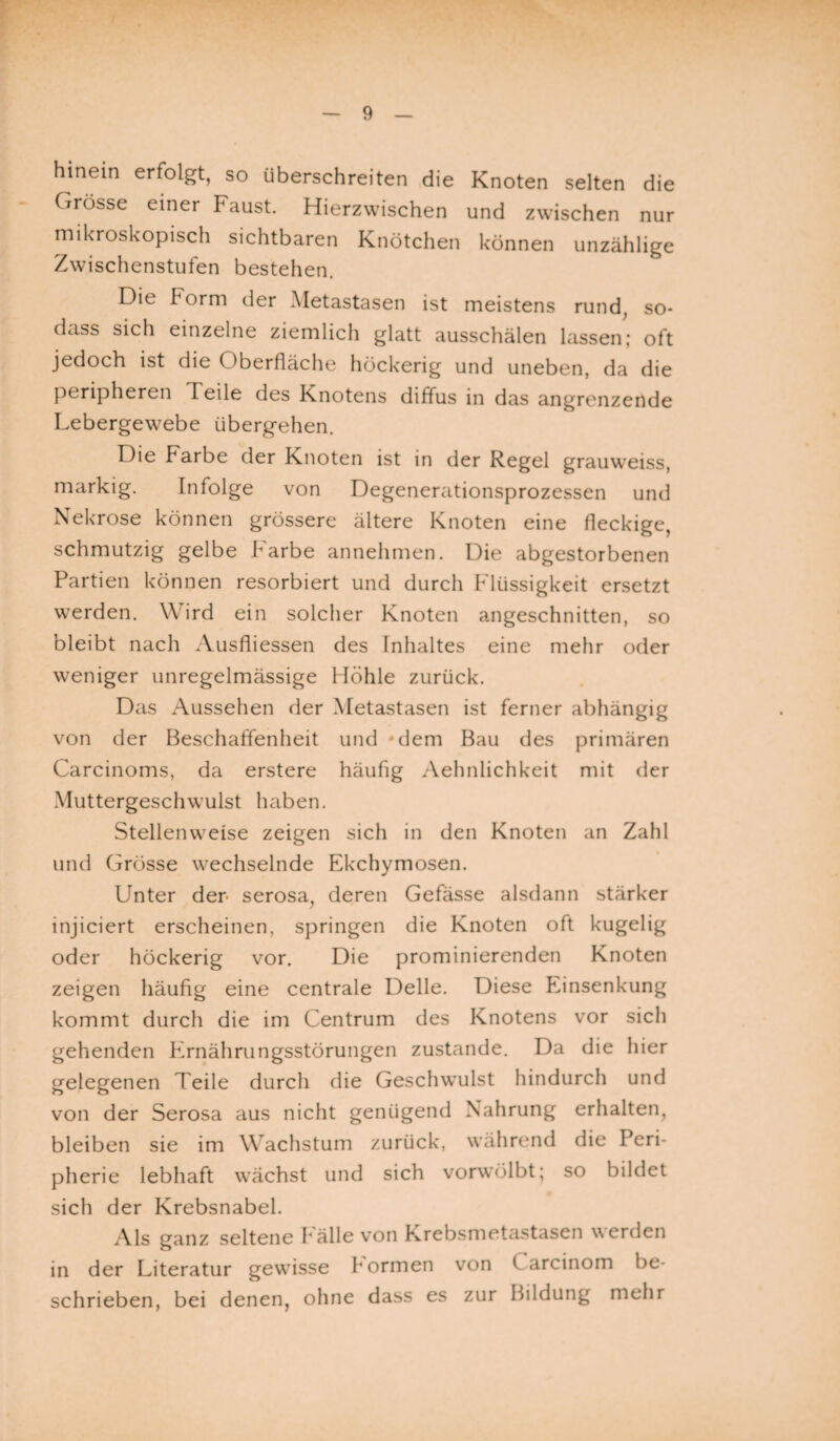 hinein erfolgt, so überschreiten die Knoten selten die Grösse einer Faust. Hierzwischen und zwischen nur mikroskopisch sichtbaren Knötchen können unzählige Zwischenstufen bestehen. Die Form der Metastasen ist meistens rund, so- dass sich einzelne ziemlich glatt ausschälen lassen; oft jedoch ist die Oberfläche höckerig und uneben, da die peripheren Teile des Knotens diffus in das angrenzende Lebergewebe übergehen. Die Farbe der Knoten ist in der Regel grauweiss, markig. Infolge von Degenerationsprozessen und Nekrose können grössere ältere Knoten eine fleckige, schmutzig gelbe färbe annehmen. Die abgestorbenen Partien können resorbiert und durch Flüssigkeit ersetzt werden. Wird ein solcher Knoten angeschnitten, so bleibt nach Ausfliessen des Inhaltes eine mehr oder weniger unregelmässige Höhle zurück. Das Aussehen der Metastasen ist ferner abhängig von der Beschaffenheit und jdem Bau des primären Carcinoms, da erstere häufig Aehnlichkeit mit der Muttergeschwulst haben. Stellenweise zeigen sich in den Knoten an Zahl und Grösse wechselnde Ekchymosen. Unter der- serosa, deren Gefässe alsdann stärker injiciert erscheinen, springen die Knoten oft kugelig oder höckerig vor. Die prominierenden Knoten zeigen häufig eine centrale Delle. Diese Einsenkung kommt durch die im Centrum des Knotens vor sich gehenden Ernährungsstörungen zustande. Da die hier gelegenen Teile durch die Gesclnvulst hindurch und von der Serosa aus nicht genügend Nahrung erhalten, bleiben sie im Wachstum zurück, während die Peri¬ pherie lebhaft wächst und sich vorwölbt; so bildet sich der Krebsnabel. Als ganz seltene fälle von Krebsmetastasen werden in der Literatur gewisse formen von C arcinom be¬ schrieben, bei denen, ohne dass es zur Bildung mehr