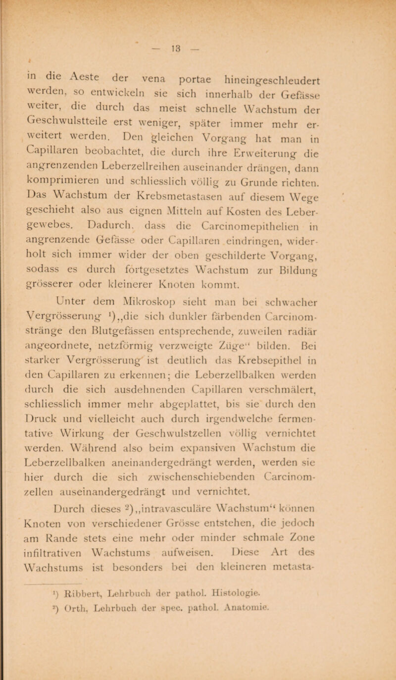 4 in die Acste der vena portae hineingeschleudert werden, so entwickeln sie sich innerhalb der Gefässe weiter, die durch das meist schnelle Wachstum der Geschwulstteile erst weniger, später immer mehr er¬ weitert werden. Den gleichen Vorgang hat man in Capillaren beobachtet, die durch ihre Erweiterung die angrenzenden Leberzellreihen auseinander drängen, dann komprimieren und schliesslich völlig zu Grunde richten. Das Wachstum der Krebsmetastasen auf diesem Wege geschieht also aus eignen Mitteln auf Kosten des Leber- gewebes. Dadurch, dass die Carcinomepithelien in £ingrenzende Gefässe oder Capillaren eindringen, wider¬ holt sich immer wider der oben geschilderte Vorgang, sodass es durch fortgesetztes Wachstum zur Bildung grösserer oder kleinerer Knoten kommt. Unter dem Mikroskop sieht man bei schwacher Vergrösserung !),,die sich dunkler färbenden Carcinom- stränge den Blutgefässen entsprechende, zuweilen radiär angeordnete, netzförmig verzweigte Züge“ bilden. Bei starker Vergrösserung ist deutlich das Krebsepithel in den Capillaren zu erkennen; die Leberzellbalken werden durch die sich ausdehnenden Capillaren verschmälert, schliesslich immer mehr abgeplattet, bis sie durch den Druck und vielleicht auch durch irgendwelche fermen¬ tative Wirkung der Geschwulstzellen völlig vernichtet werden. Während also beim expansiven Wachstum die Leberzellbalken aneinandergedrängt werden, werden sie hier durch die sich zwischenschiebenden Carcinom- zellen auseinandergedrängt und vernichtet. Durch dieses 2),,intravasculäre Wachstum“ können Knoten von verschiedener Grösse entstehen, die jedoch am Rande stets eine mehr oder minder schmale Zone infiltrativen Wachstums aufweisen. Diese Art des Wachstums ist besonders bei den kleineren metasta- >) Ribbert, Lehrbuch der pathol. Histologie. 2) Orth, Lehrbuch der spec. pathol. Anatomie.