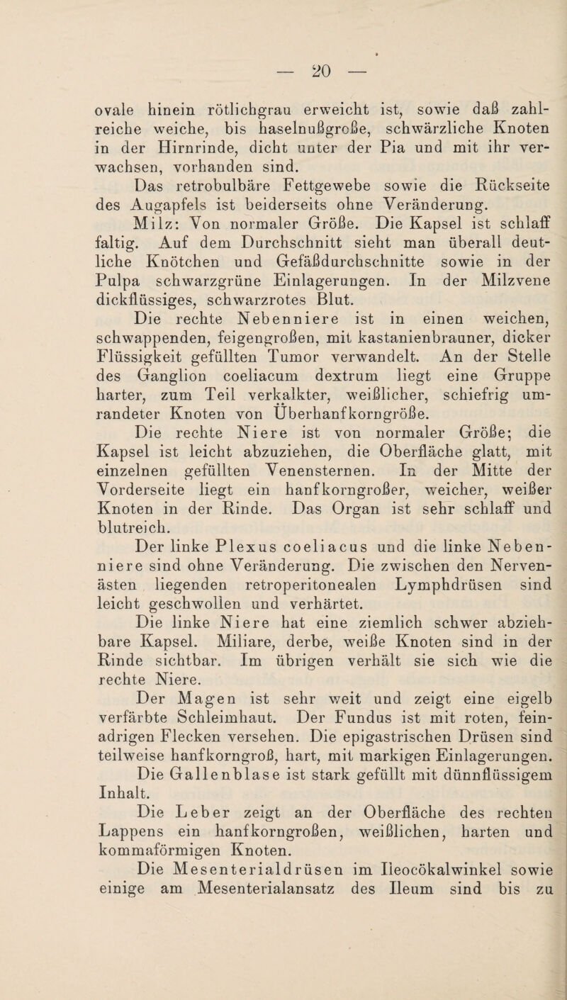 ovale hinein rötlichgrau erweicht ist, sowie daß zahl¬ reiche weiche, bis haselnußgrcße, schwärzliche Knoten in der Hirnrinde, dicht unter der Pia und mit ihr ver¬ wachsen, vorhanden sind. Das retrobulbäre Fettgewebe sowie die Rückseite des Augapfels ist beiderseits ohne Veränderung. Milz: Von normaler Größe. Die Kapsel ist schlaff faltig. Auf dem Durchschnitt sieht man überall deut¬ liche Knötchen und Gefäßdurchschnitte sowie in der Pulpa schwarzgrüne Einlagerungen. In der Milzvene dickflüssiges, schwarzrotes Blut. Die rechte Nebenniere ist in einen weichen, schwappenden, feigengroßen, mit kastanienbrauner, dicker Flüssigkeit gefüllten Tumor verwandelt. An der Stelle des Ganglion coeliacum dextrum liegt eine Gruppe harter, zum Teil verkalkter, weißlicher, schiefrig um¬ randeter Knoten von Uberhanfkorngröße. Die rechte Niere ist von normaler Größe; die Kapsel ist leicht abzuziehen, die Oberfläche glatt, mit einzelnen gefüllten Venensternen. In der Mitte der Vorderseite liegt ein hanfkorngroßer, weicher, weißer Knoten in der Rinde. Das Organ ist sehr schlaff und blutreich. Der linke Plexus coeliacus und die linke Neben¬ niere sind ohne Veränderung. Die zwischen den Nerven¬ ästen liegenden retroperitonealen Lymphdrüsen sind leicht geschvrollen und verhärtet. Die linke Niere hat eine ziemlich schwer abzieh¬ bare Kapsel. Miliare, derbe, weiße Knoten sind in der Rinde sichtbar. Im übrigen verhält sie sich wie die rechte Niere. Der Magen ist sehr weit und zeigt eine eigelb verfärbte Schleimhaut. Der Fundus ist mit roten, fein¬ adrigen Flecken versehen. Die epigastrischen Drüsen sind teilweise hanfkorngroß, hart, mit markigen Einlagerungen. Die Gallenblase ist stark gefüllt mit dünnflüssigem Inhalt. Die Leber zeigt an der Oberfläche des rechten Lappens ein hanf korngroßen, weißlichen, harten und kommaförmigen Knoten. Die Mesenterialdrüsen im Iieocökalwinkel sowie einige am Mesenterialansatz des Ileum sind bis zu