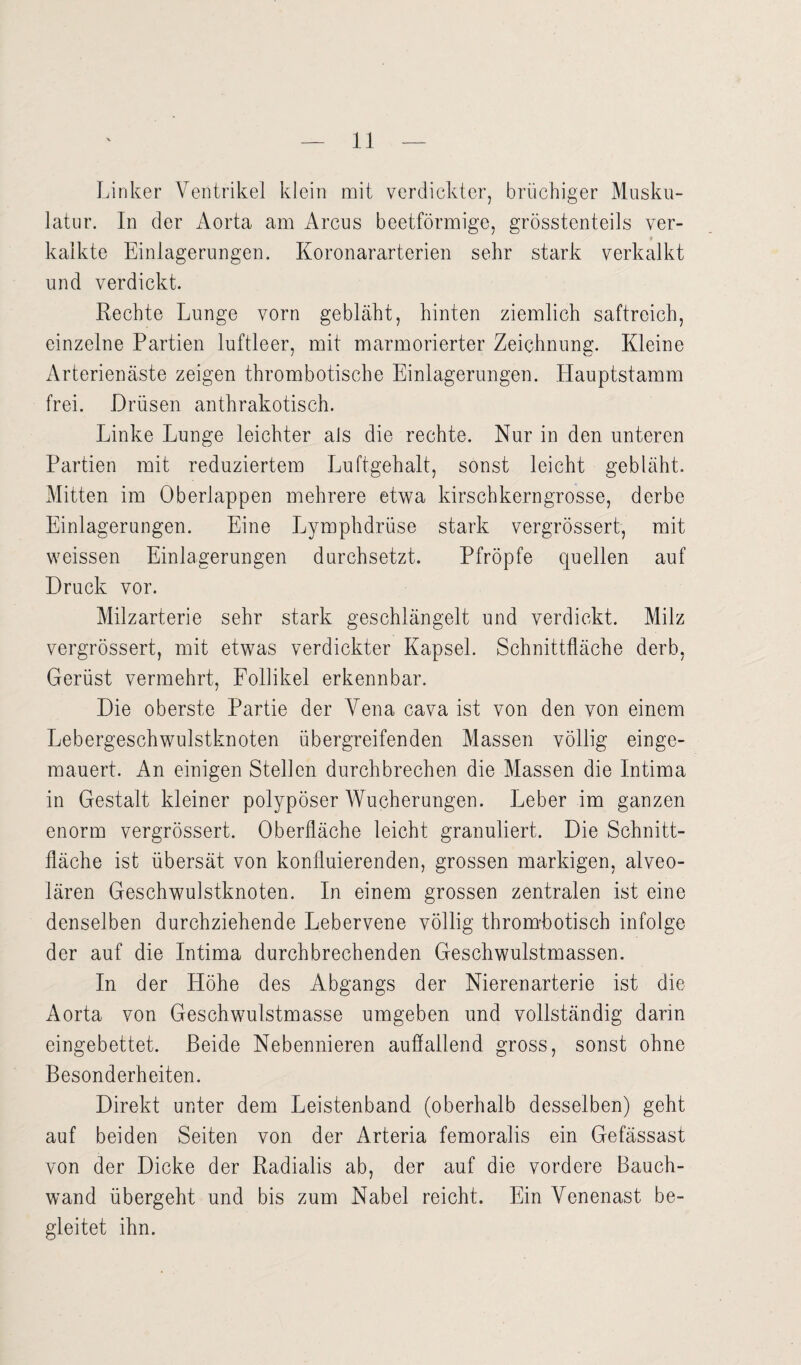 Linker Ventrikel klein mit verdickter, brüchiger Musku¬ latur. In der Aorta am Arcus beetförmige, grösstenteils ver¬ kalkte Einlagerungen. Koronararterien sehr stark verkalkt und verdickt. Rechte Lunge vorn gebläht, hinten ziemlich saftreich, einzelne Partien luftleer, mit marmorierter Zeichnung. Kleine Arterienäste zeigen thrombotische Einlagerungen. Hauptstamm frei. Drüsen anthrakotisch. Linke Lunge leichter als die rechte. Nur in den unteren Partien mit reduziertem Luftgehalt, sonst leicht gebläht. Mitten im Oberlappen mehrere etwa kirschkerngrosse, derbe Einlagerungen. Eine Lymphdrüse stark vergrössert, mit weissen Einlagerungen durchsetzt. Pfropfe quellen auf Druck vor. Milzarterie sehr stark geschlängelt und verdickt. Milz vergrössert, mit etwas verdickter Kapsel. Schnittfläche derb, Gerüst vermehrt, Follikel erkennbar. Die oberste Partie der Vena cava ist von den von einem Lebergeschwulstknoten übergreifenden Massen völlig einge¬ mauert. An einigen Stellen durchbrechen die Massen die Intima in Gestalt kleiner polypöser Wucherungen. Leber im ganzen enorm vergrössert. Oberfläche leicht granuliert. Die Schnitt¬ fläche ist übersät von konfluierenden, grossen markigen, alveo¬ lären Geschwulstknoten. In einem grossen zentralen ist eine denselben durchziehende Lebervene völlig thrombotisch infolge der auf die Intima durchbrechenden Geschwulstmassen. In der Höhe des Abgangs der Nierenarterie ist die Aorta von Geschwulstmasse umgeben und vollständig darin eingebettet. Beide Nebennieren auffallend gross, sonst ohne Besonderheiten. Direkt unter dem Leistenband (oberhalb desselben) geht auf beiden Seiten von der Arteria femoralis ein Gefässast von der Dicke der Radialis ab, der auf die vordere Bauch¬ wand übergeht und bis zum Nabel reicht. Ein Venenast be¬ gleitet ihn.