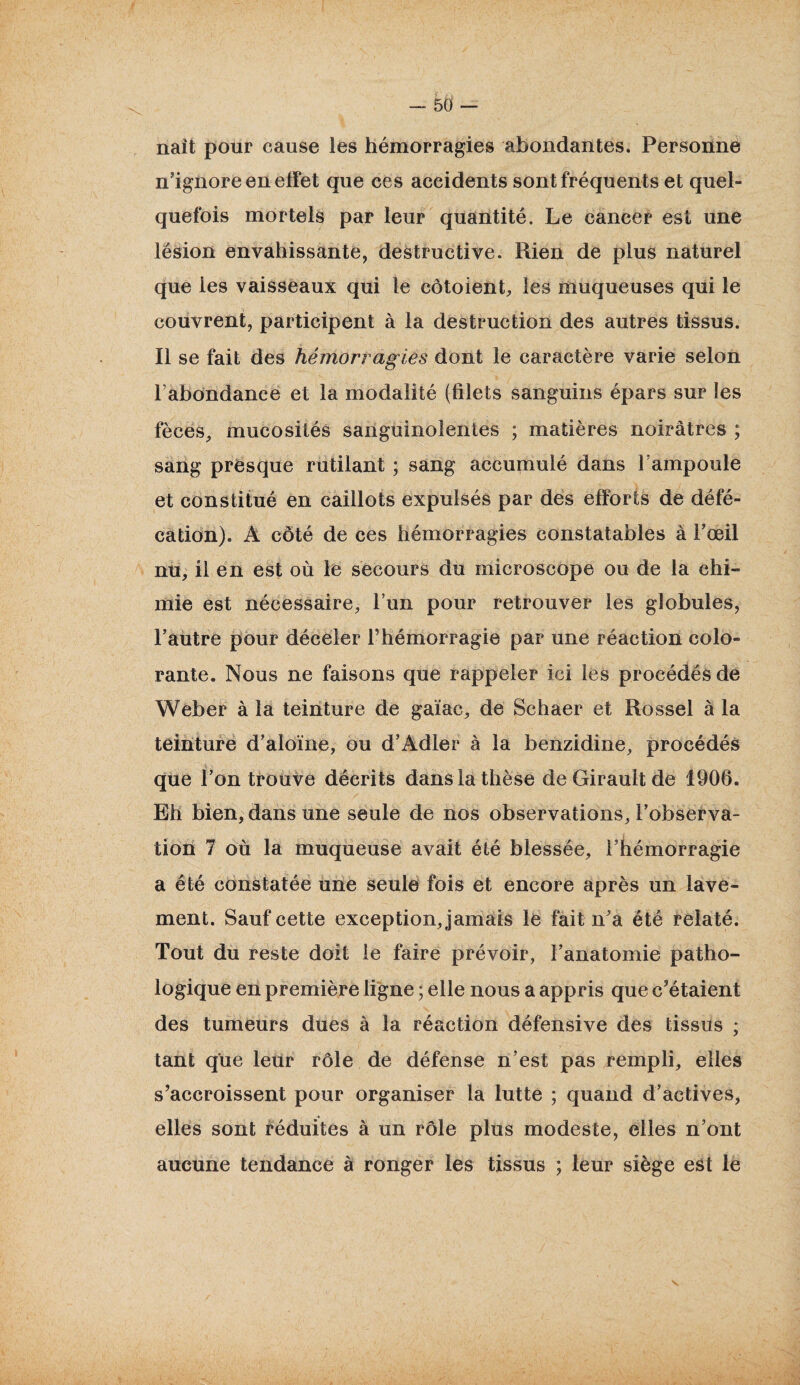 naît pour cause les hémorragies abondantes. Personne n’ignore en effet que ces accidents sont fréquents et quel¬ quefois mortels par leur quantité. Le cancer est une lésion envahissante, destructive. Rien de plus naturel que les vaisseaux qui te côtoient, les muqueuses qui le couvrent, participent à la destruction des autres tissus. Il se fait des hémorragies dont le caractère varie selon l’abondance et la modalité (filets sanguins épars sur les fèces, mucosités sanguinolentes ; matières noirâtres ; sang presque rutilant ; sang accumulé dans l’ampoule et constitué en caillots expulsés par des efforts de défé¬ cation). A côté de ces hémorragies constatables à l’œil nu, il en est où le secours du microscope ou de la chi¬ mie est nécessaire, l’un pour retrouver les globules, l’autre pour déceler l’hémorragie par une réaction colo¬ rante. Nous ne faisons que rappeler ici les procédés de Weber à la teinture de gaiac, de Schaer et Rossel à la teinture d’aloïne, ou d’Adler à la benzidine, procédés que l’on trouve décrits dans la thèse de Girault de 1906. Eh bien, dans une seule de nos observations, l’observa¬ tion 7 où la muqueuse avait été blessée, l’hémorragie a été constatée une seule fois et encore après un lave¬ ment. Sauf cette exception, jamais le fait n’a été relaté. Tout du reste doit le faire prévoir, l’anatomie patho¬ logique en première ligne ; elle nous a appris que c’étaient des tumeurs dues à la réaction défensive des tissus ; tant que leur rôle de défense n’est pas rempli, elles s’accroissent pour organiser la lutte ; quand d’actives, elles sont réduites à un rôle plus modeste, elles n’ont aucune tendance à ronger les tissus ; leur siège est le