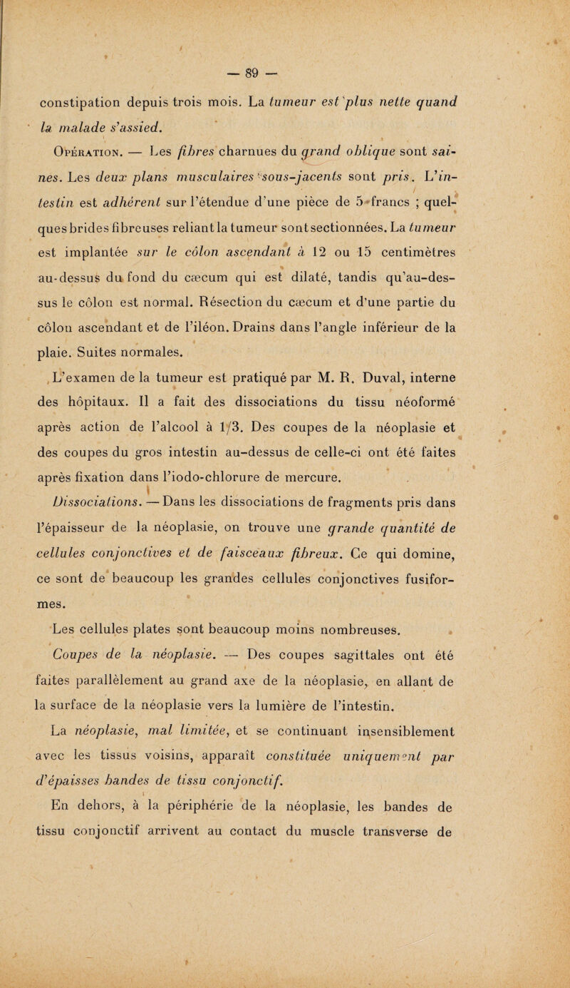 constipation depuis trois mois. La tumeur est plus nette quand la malade s’assied. i ' j Opération. — Les fibres charnues du grand oblique sont sai¬ nes. Les deux plans musculaires sous-jacents sont pris. L’in¬ testin est adhèrent sur l’étendue d’une pièce de 5 francs ; quel¬ ques brides fibreuses reliant la tumeur sontsectionnées. La tumeur est implantée sur le côlon ascendant à 12 ou 15 centimètres au-dessus du fond du cæcum qui est dilaté, tandis qu’au-des- sus le côlon est normal. Résection du cæcum et d’une partie du côlon ascendant et de l’iléon. Drains dans l’angle inférieur de la plaie. Suites normales. L’examen de la tumeur est pratiqué par M. R. Duval, interne des hôpitaux. 11 a fait des dissociations du tissu néoformé après action de l’alcool à 1/3. Des coupes de la néoplasie et des coupes du gros intestin au-dessus de celle-ci ont été faites après fixation dans l’iodo-chlorure de mercure. I Dissociations. —Dans les dissociations de fragments pris dans l’épaisseur de la néoplasie, on trouve une grande quantité de cellules conjonctives et de faisceaux fibreux. Ce qui domine, ce sont de beaucoup les grandes cellules conjonctives fusifor¬ mes. Les cellules plates sont beaucoup moins nombreuses. Coupes de la néoplasie. — Des coupes sagittales ont été faites parallèlement au grand axe de la néoplasie, en allant de la surface de la néoplasie vers la lumière de l’intestin. La néoplasie, mal limitée, et se continuant insensiblement avec les tissus voisins, apparaît constituée uniquement par d’épaisses bandes de tissu conjonctif. J En dehors, à la périphérie de la néoplasie, les bandes de tissu conjonctif arrivent au contact du muscle transverse de