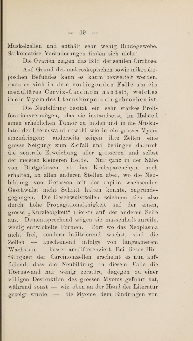 Muskelzellen und enthält sehr wenig Bindegewebe. Sarkomatöse Veränderungen finden sich nicht. Die Ovarien zeigen das Bild der senilen Cirrhose. Auf Grund des makroskopischen sowie mikrosko¬ pischen Befundes kann es kaum bezweifelt werden, dass es sich in dem vorliegenden Falle um ein medulläres Cervix-Carcinom handelt, welches in ein Myom des Uteruskörpers eingebrochen ist. Die Neubildung besitzt ein sehr starkes Proli¬ ferationsvermögen, das sie instandsetzt, im Halsteil einen erheblichen Tumor zu bilden und in die Musku¬ latur der Uterus wand sowohl wie in ein grosses Myom einzudringen; anderseits zeigen ihre Zellen eine grosse Neigung zum Zerfall und bedingen dadurch die zentrale Erweichung aller grösseren und selbst der meisten kleineren Herde. Nur ganz in der Nähe von Blutgefässen ist das Krebsparenchym noch erhalten, an allen anderen Stellen aber, wo die Neu- bildung von Gefässen mit der rapide wachsenden Geschwulst nicht Schritt halten konnte, zugrunde¬ gegangen. Die Geschwulstzeilen zeichnen sich also O Ö o durch hohe Propagationsfähigkeit auf der einen, grosse „Kurzlebigkeit“ (Borst) auf der anderen Seite aus. Dementsprechend zeigen sie massenhaft unreife, wenig entwickelte Formen. Dort wo das Neoplasma nicht frei, sondern infiltrierend wächst, sind die Zellen — anscheinend infolge von langsamerem Wachstum — besser ausdiflerenziert. Bei dieser Hin¬ fälligkeit der Carcinomzellen erscheint es nun auf¬ fallend, dass die Neubildung in diesem Falle die Uteruswand nur wenig zerstört, dagegen zu einer völligen Destruktion des grossen Myoms geführt hat, während sonst — wie oben an der Hand der Literatur gezeigt wurde — die Myome dem Eindringen von