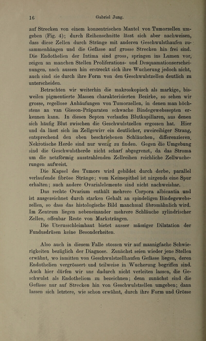 auf Strecken von einem konzentrischen Mantel von Tumorzellen um¬ geben (Fig. 4); durch ßeihenschnitte lässt sich aber nachweisen, dass diese Zellen durch Stränge mit anderen Geschwulsthaufen Zu¬ sammenhängen und die Gefässe auf grosse Strecken hin frei sind. Die Endothelien der Intima sind gross, springen ins Lumen vor, zeigen an manchen Stellen Proliferations- und Desquamationserschei¬ nungen, nach aussen hin erstreckt sich ihre Wucherung jedoch nicht, auch sind sie durch ihre Form von den Geschwulstzellen deutlich zu unterscheiden. Betrachten wir weiterhin die makroskopisch als markige, bis¬ weilen pigmentierte Massen charakterisierten Bezirke, so sehen wir grosse, regellose Anhäufungen von Tumorzellen, in denen man höch¬ stens an van Gieson-Präparaten schwache Bindegewebssepten er¬ kennen kann. In diesen Septen verlaufen Blutkapillaren, aus denen sich häufig Blut zwischen die Geschwulstzellen ergossen hat. Hier und da lässt sich im Zellgewirr ein deutlicher, zweireihiger Strang, entsprechend den oben beschriebenen Schläuchen, differenzieren. Nekrotische Herde sind nur wenig zu finden. Gegen die Umgebung sind die Geschwulstherde nicht scharf abgegrenzt, da das Stroma um die netzförmig ausstrahlenden Zellreihen reichliche Zellwuche¬ rungen aufweist. Die Kapsel des Tumors wird gebildet durch derbe, parallel verlaufende fibröse Stränge; vom Keimepithel ist nirgends eine Spur erhalten; auch andere Ovarialelemente sind nicht nachweisbar. Das rechte Ovarium enthält mehrere Corpora albicantia und ist ausgezeichnet durch starken Gehalt an spindeligen Bindegewebs¬ zellen, so dass das histologische Bild manchmal fibromähnlich wird. Im Zentrum liegen nebeneinander mehrere Schläuche zylindrischer Zellen, offenbar Beste von Marksträngen. Die Uterusschleimhaut bietet ausser mässiger Dilatation der Fundusdrüsen keine Besonderheiten. Also auch in diesem Falle stossen wir auf mannigfache Schwie¬ rigkeiten bezüglich der Diagnose. Zunächst seien wieder jene Stellen erwähnt, wo inmitten von Geschwulstzellhaufen Gefässe liegen, deren Endothelien vergrössert- und teilweise in Wucherung begriffen sind. Auch hier dürfen wir uns dadurch nicht verleiten lassen, die Ge¬ schwulst als Endotheliom zu bezeichnen; denn zunächst sind die Gefässe nur auf Strecken hin von Geschwulstzellen umgeben; dann lassen sich letztere, wie schon erwähnt, durch ihre Form und Grösse