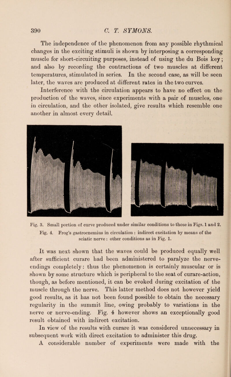 The independence of the phenomenon from any possible rhythmical changes in the exciting stimuli is shown by interposing a corresponding muscle for short-circuiting purposes, instead of using the du Bois key; and also by recording the contractions of two muscles at different temperatures, stimulated in series. In the second case, as will be seen later, the waves are produced at different rates in the two curves. Interference with the circulation appears to have no effect on the production of the waves, since experiments with a pair of muscles, one in circulation, and the other isolated, give results which resemble one another in almost every detail. Fig. 3. Small portion of curve produced under similar conditions to those in Figs. 1 and 2. Fig. 4. Frog’s gastrocnemius in circulation : indirect excitation by means of the sciatic nerve : other conditions as in Fig. 1. It was next shown that the waves could be produced equally well after sufficient curare had been administered to paralyze the nerve- endings completely: thus the phenomenon is certainly muscular or is shown by some structure which is peripheral to the seat of curare-action, though, as before mentioned, it can be evoked during excitation of the muscle through the nerve. This latter method does not however yield good results, as it has not been found possible to obtain the necessary regularity in the summit line, owing probably to variations in the nerve or nerve-ending. Fig. 4 however shows an exceptionally good result obtained with indirect excitation. In view of the results with curare it was considered unnecessary in subsequent work with direct excitation to administer this drug. A considerable number of experiments were made with the