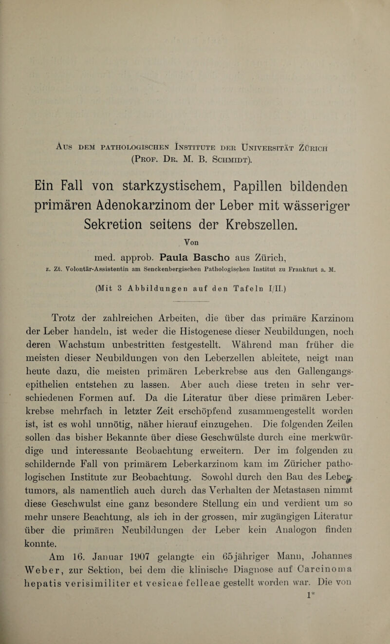 (Prof. Dr. M. B. Schmidt). Ein Fall von starkzystisehem, Papillen bildenden primären Adenokarzinom der Leber mit wässeriger Sekretion seitens der Krebszellen. Von med. approb. Paula Bascho aus Zürich, z. Zt. Volontär-Assistentin am Senckenbergischen Pathologischen Institut zu Frankfurt a. M. (Mit 3 Abbildungen auf den Tafeln I/II.) Trotz der zahlreichen Arbeiten, die über das primäre Karzinom der Leber handeln, ist weder die Histogenese dieser Neubildungen, noch deren Wachstum unbestritten festgestellt. Während man früher die meisten dieser Neubildungen von den Leberzellen abieitete, neigt man heute dazu, die meisten primären Leberkrebse aus den Gallengangs- epithelien entstehen zu lassen. Aber auch diese treten in sehr ver¬ schiedenen Formen auf. Da die Literatur über diese primären Leber¬ krebse mehrfach in letzter Zeit erschöpfend zusammengestellt worden ist, ist es wohl unnötig, näher hierauf einzugehen. Die folgenden Zeilen sollen das bisher Bekannte über diese Geschwülste durch eine merkwür¬ dige und interessante Beobachtung erweitern. Der im folgenden zu schildernde Fall von primärem Leberkarzinom kam im Züricher patho¬ logischen Institute zur Beobachtung. Sowohl durch den Bau des Lebe^- tumors, als namentlich auch durch das Verhalten der Metastasen nimmt diese Geschwulst eine ganz besondere Stellung ein und verdient um so mehr unsere Beachtung, als ich in der grossen, mir zugängigen Literatur über die primären Neubildungen der Leber kein Analogon finden konnte. Am 16. Januar 1907 gelangte ein 65jähriger Mann, Johannes Weber, zur Sektion, bei dem die klinische Diagnose auf Carcinoma hepatis verisimiliter et vesicae felleae gestellt worden war. Die von 1*