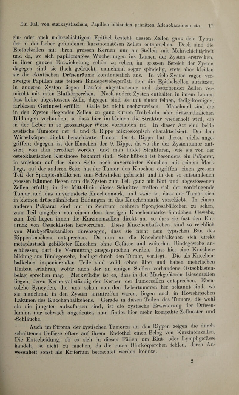 ein- oder auch mehrschichtigem Epithel besteht, dessen Zellen ganz dem Typus der in der Leber gefundenen karzinomatösen Zellen entsprechen. Doch sind die Epithelzellen mit ihren grossen Kernen nur an Stellen mit Mehrschichtigkeit und da, wo sich papillomatöse Wucherungen ins Lumen der Zysten erstrecken, in ihrer ganzen Entwickelung schön zu sehen, im grossen Bereich der Zysten dagegen sind sie flach gedrückt, manchmal sogar spindelig, stets aber kleiden sie die ektatischen Drüsenräume kontinuierlich aus. In viele Zysten ragen ver¬ zweigte Papillen aus feinem Bindegewebegerüst, dem die Epithelzellen aufsitzen, in anderen Zysten liegen Haufen abgestossener und absterbender Zellen ver¬ mischt mit roten Blutkörperchen. Noch andere Zysten enthalten in ihrem Lumen fast keine abgestossene Zelle, dagegen sind sie mit einem feinen, fädig-körnigen, farblosen Gerinnsel erfüllt. Galle ist nicht nachzuweisen. Manchmal sind die in den Zysten liegenden Zellen zu ganz kurzen Trabekeln oder drüsenähnlichen Bildungen verbunden, so dass hier im kleinen die Struktur wiederholt wird, die in der Leber in so grossartiger Weise vorhanden ist. In dieser Art sind beide zystische Tumoren der 4. und 9. Rippe mikroskopisch charakterisiert. Der dem Wirbelkörper direkt benachbarte Tumor der 4. Rippe hat diesen nicht ange¬ griffen; dagegen ist der Knochen der 9. Rippe, da wo ihr der Zystentumor auf¬ sitzt, von ihm arrodiert, worden, und man findet Strukturen, wie sie von der osteoklastischen Karzinose bekannt sind. Sehr hübsch ist besonders ein Präparat, in welchem auf der einen Seite noch unversehrter Knochen mit seinem Mark liegt, auf der anderen Seite hat der Tumor den Knochen ergriffen, einen grossen Teil der Spongiosabälkchen zum Schwinden gebracht und in den so entstandenen grossen Räumen liegen nun die Zysten zum Teil ganz mit Blut und abgestossenen Zellen erfüllt; in der Mittellinie dieses Schnittes treffen sich der vordringende Tumor und das unveränderte Knochenmark, und zwar so, dass der Tumor sich in kleinen drüsenähnlichen Bildungen in das Knochenmark vorschiebt. In einem anderen Präparat sind nur im Zentrum mehrere Spongiosabälkchen zu sehen, zum Teil umgeben von einem dem faserigen Knochenmarke ähnlichen Gewebe, zum Teil liegen ihnen die Karzinomzellen direkt an, so dass sie fast den Ein¬ druck von Osteoklasten her vorrufen. Diese Knochenbälkchen sind so reichlich von Markgefässkanälen durchzogen, dass sie nicht dem typischen Bau des Rippenknochens entsprechen. Da nun an die Knochenbälkchen sich direkt metaplastisch gebildeter Knochen ohne Gefässe und weiterhin Bindegewebe an- schliessen, darf die Vermutung ausgesprochen werden, dass hier eine Knochen¬ bildung aus Bindegewebe, bedingt durch den Tumor, vorliegt. Die als Knochen¬ bälkchen imponierenden Teile sind wohl schon älter und haben mehrfachen Umbau erfahren, wofür auch der an einigen Stellen vorhandene Osteoblasten¬ belag sprechen mag. Merkwürdig ist es, dass in den Markgefässen Riesenzellen liegen, deren Kerne vollständig den Kernen der Tumorzellen entsprechen. Eben¬ solche Syncytien, die uns schon von den Lebertumoren her bekannt sind, wo sie manchmal in den Zysten anzutreffen waren, liegen auch in Howshipschen Lakunen des Knochenbälkchens. Gerade in diesen Teilen des Tumors, die wohl als die jüngsten aufzufassen sind, ist die zystische Erweiterung der Drüsen¬ lumina nur schwach angedeutet, man findet hier mehr kompakte Zellnester und -Schläuche. Auch im Stroma der zystischen Tumoren an den Rippen zeigen die durch¬ schnittenen Gefässe öfters auf ihrem Endothel einen Belag von Karzinomzellen. Die Entscheidung, ob es sich in diesen Fällen um Blut- oder Lymphgefässe handelt, ist nicht zu machen, da die roten Blutkörperchen fehlen, deren An¬ wesenheit sonst als Kriterium betrachtet werden konnte. 2