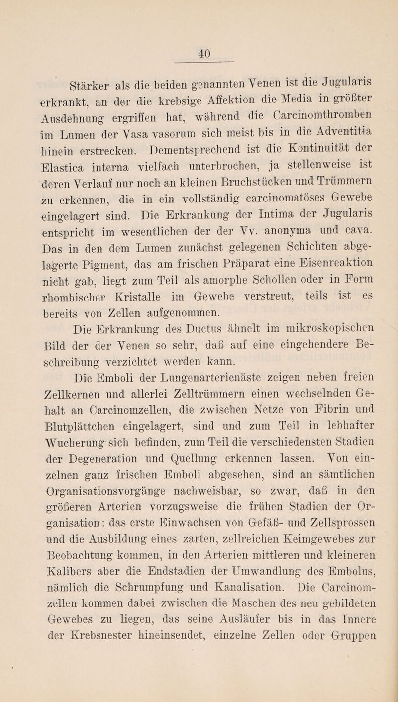 Stärker als die beiden genannten Venen ist die Jugularis erkrankt, an der die krebsige Affektion die Media in größter Ausdehnung ergriffen hat, während die Carcinomthromben im Lumen der Vasa vasorum sich meist bis in die Adventitia hinein erstrecken. Dementsprechend ist die Kontinuität der Elastica interna vielfach unterbrochen, ja stellenweise ist deren Verlauf nur noch an kleinen Bruchstücken und Trümmern zu erkennen, die in ein vollständig carcinomatöses Gewebe eingelagert sind. Die Erkrankung der Intima der Jugularis entspricht im wesentlichen der der Vv. anonyma und cava. Das in den dem Lumen zunächst gelegenen Schichten abge¬ lagerte Pigment, das am frischen Präparat eine Eisenreaktion nicht gab, liegt zum Teil als amorphe Schollen oder in Form rhombischer Kristalle im Gewebe verstreut, teils ist es bereits von Zellen aufgenommen. Die Erkrankung des Ductus ähnelt im mikroskopischen Bild der der Venen so sehr, daß auf eine eingehendere Be¬ schreibung verzichtet werden kann. Die Emboli der Lungenarterienäste zeigen neben freien Zellkernen und allerlei Zelltrümmern einen wechselnden Ge¬ halt an Carcinomzellen, die zwischen Netze von Fibrin und Blutplättchen eingelagert, sind und zum Teil in lebhafter Wucherung sich befinden, zum Teil die verschiedensten Stadien der Degeneration und Quellung erkennen lassen. Von ein¬ zelnen ganz frischen Emboli abgesehen, sind an sämtlichen Organisationsvorgänge nachweisbar, so zwar, daß in den größeren Arterien vorzugsweise die frühen Stadien der Or¬ ganisation : das erste Einwachsen von Gefäß- und Zellsprossen und die Ausbildung eines zarten, zellreichen Keimgewebes zur Beobachtung kommen, in den Arterien mittleren und kleineren Kalibers aber die Endstadien der Umwandlung des Embolus, nämlich die Schrumpfung und Kanalisation. Die Carcinom¬ zellen kommen dabei zwischen die Maschen des neu gebildeten Gewebes zu liegen, das seine Ausläufer bis in das Innere der Krebsnester hineinsendet, einzelne Zellen oder Gruppen