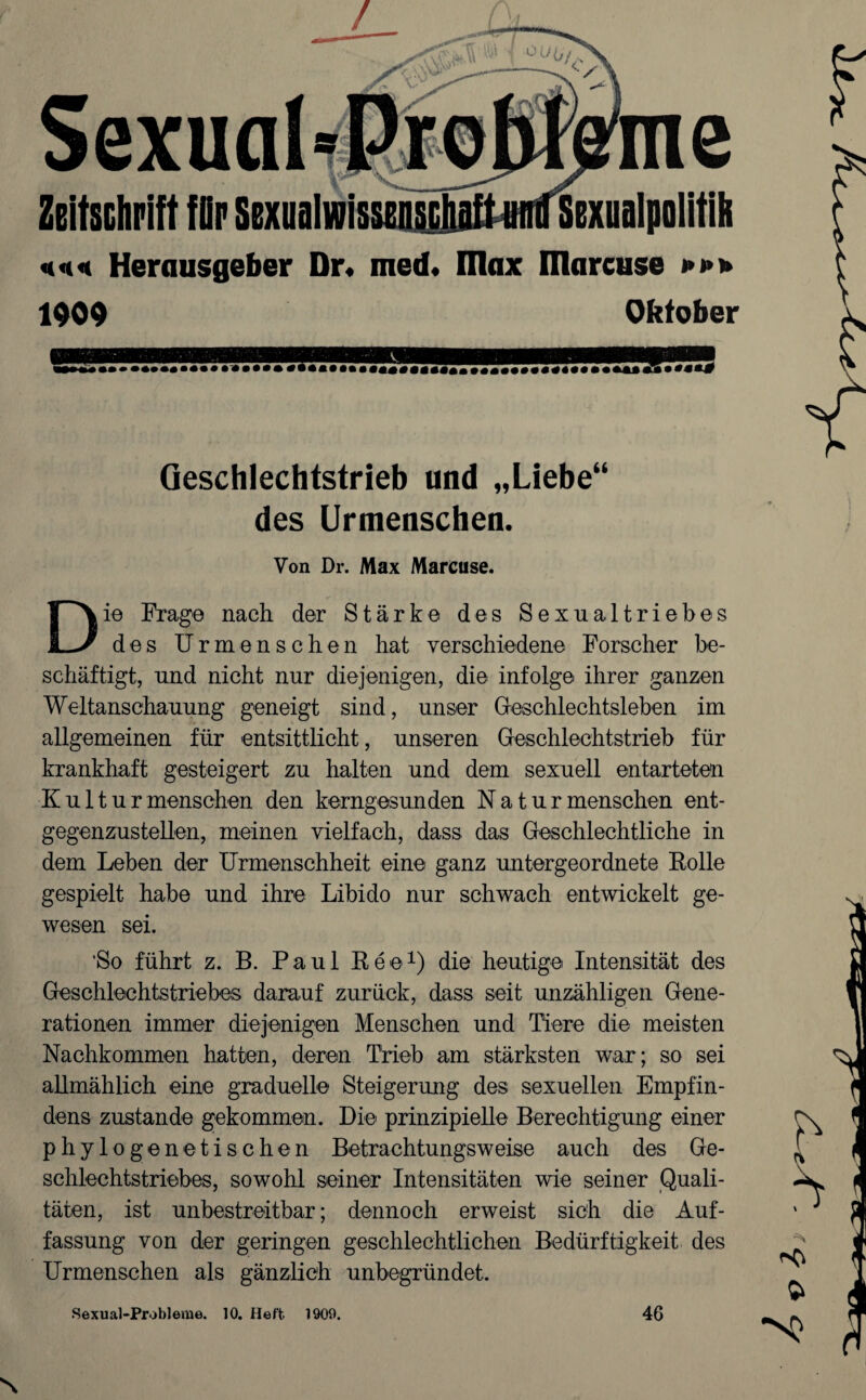 Sexuci Zeitschrift für Sexualwissenschaft unif Sexuaipolifih ««in Herausgeber Dr. med. max ülarcuse »»+ 1909 Oktober Qeschlechtstrieb und „Liebe“ des Urmenschen. Yon Dr. Max Marcuse. Die Frage nach der Stärke des Sexualtriebes des Urmenschen hat verschiedene Forscher be¬ schäftigt, und nicht nur diejenigen, die infolge ihrer ganzen Weltanschauung geneigt sind, unser Geschlechtsleben im allgemeinen für entsittlicht, unseren Geschlechtstrieb für krankhaft gesteigert zu halten und dem sexuell entarteten Kulturmenschen den kerngesunden Naturmenschen ent¬ gegenzustellen, meinen vielfach, dass das Geschlechtliche in dem Leben der Urmenschheit eine ganz untergeordnete Rolle gespielt habe und ihre Libido nur schwach entwickelt ge¬ wesen sei. ‘So führt z. B. Paul Ree1) die heutige Intensität des Geschlechtstriebes darauf zurück, dass seit unzähligen Gene¬ rationen immer diejenigen Menschen und Tiere die meisten Nachkommen hatten, deren Trieb am stärksten war; so sei allmählich eine graduelle Steigerung des sexuellen Empfin¬ dens zustande gekommen. Die' prinzipielle Berechtigung einer phylogenetischen Betrachtungsweise auch des Ge¬ schlechtstriebes, sowohl seiner Intensitäten wie seiner Quali¬ täten, ist unbestreitbar; dennoch erweist sich die Auf¬ fassung von der geringen geschlechtlichen Bedürftigkeit des Urmenschen als gänzlich unbegründet. Sexual-Probleme. 10. Heft 1909. 46 [ X *0 & s