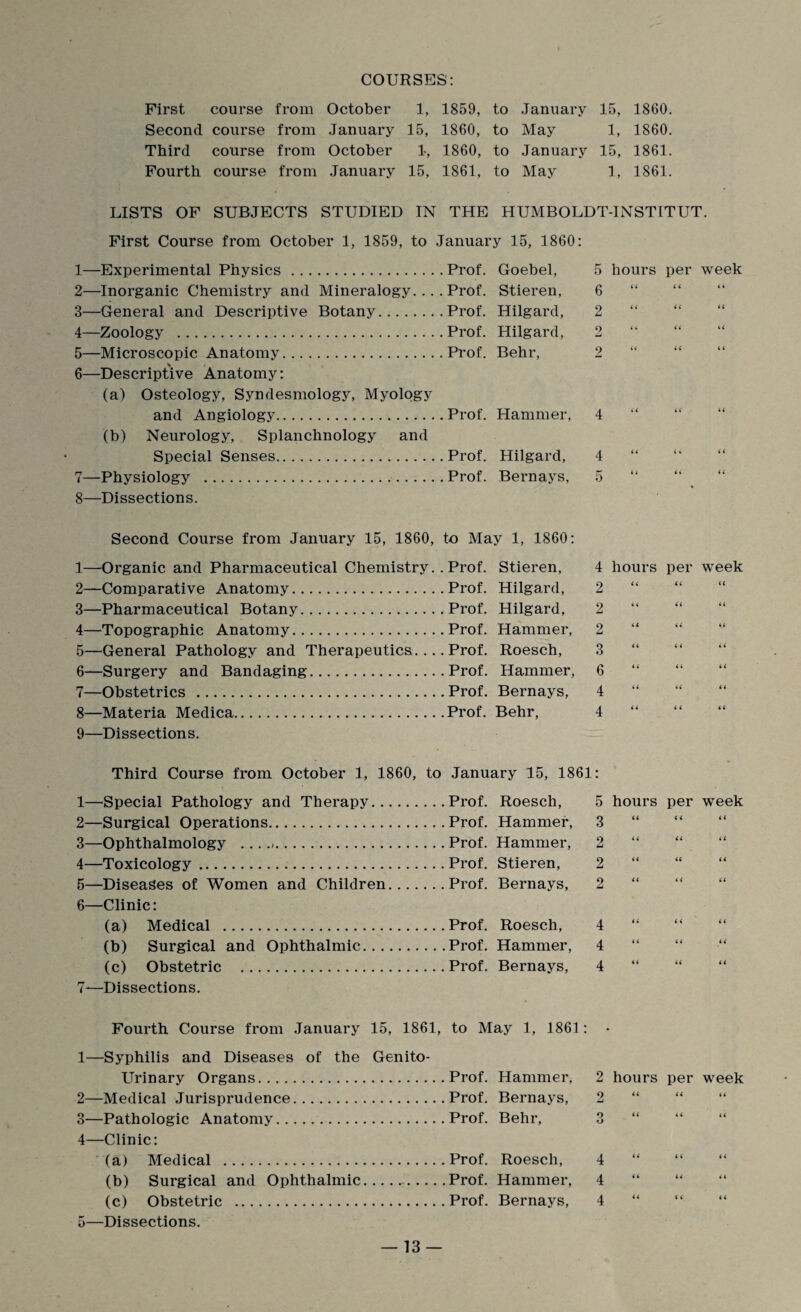 COURSES': First course from October 1, 1859, to January 15, 1860. Second course from January 15, 1860, to May 1, 1860. Third course from October 1, 1860, to January 15, 1861. Fourth course from January 15, 1861, to May 1, 1861. LISTS OF SUBJECTS STUDIED IN THE HUMBOLDT-INSTITUT. First Course from October 1, 1859, to January 15, 1860 1— Experimental Physics .Prof. Goebel, 2— Inorganic Chemistry and Mineralogy. ... Prof. Stieren, 3— General and Descriptive Botany.Prof. Hilgard, 4— Zoology .Prof. Hilgard, 5— Microscopic Anatomy.Prof. Behr, 6— Descriptive Anatomy: (a) Osteology, Syndesmology, Myology and Angiology.Prof. Hammer, (b) Neurology, Splanchnology and Special Senses.Prof. Hilgard, 7— Physiology .Prof. Bernays, 8—Dissections. Second Course from January 15, 1860, to May 1, 1860: 1—Organic and Pharmaceutical Chemistry. .Prof. Stieren, 2— Comparative Anatomy.Prof. Hilgard, 3— Pharmaceutical Botany.Prof. Hilgard, 4— Topographic Anatomy.Prof. Hammer, 5— General Pathology and Therapeutics.... Prof. Roesch, 6— Surgery and Bandaging.Prof. Hammer, 7— Obstetrics .Prof. Bernays, 8— Materia Medica.Prof. Behr, 9— Dissections. 5 hours per week 6 2 9 mJ 9 < t << 4 5 4 hours 2 “ per week a u 2 2 3 6 4 4 “ a 11 a i i a n t i i t a a Third Course from October 1, 1860, to January 15, 1861: 1— Special Pathology and Therapy.Prof. Roesch, 2— Surgical Operations.Prof. Hammer, 3— Ophthalmology ... .Prof. Hammer, 4— Toxicology.Prof. Stieren, 5— Diseases of Women and Children.Prof. Bernays, 6— Clinic: (a) Medical .Prof. Roesch, (b) Surgical and Ophthalmic.Prof. Hammer, (c) Obstetric .Prof. Bernays, 7— Dissections. Fourth Course from January 15, 1861, to May 1, 1861 : 1—Syphilis and Diseases of the Genito¬ urinary Organs.Prof. Hammer, 2— Medical Jurisprudence.Prof. Bernays, 3— Pathologic Anatomy.Prof. Behr, 4— Clinic: (a) Medical .Prof. Roesch, (b) Surgical and Ophthalmic.Prof. Hammer, (c) Obstetric .Prof. Bernays, 5— Dissections. 5 hours per week O it it it 2 “ 2 u a a a 2 it it 4 4 4 a a a a a a a a a 2 hours per week O a a a O it it it t) 4 4 4 i i ( i i i it