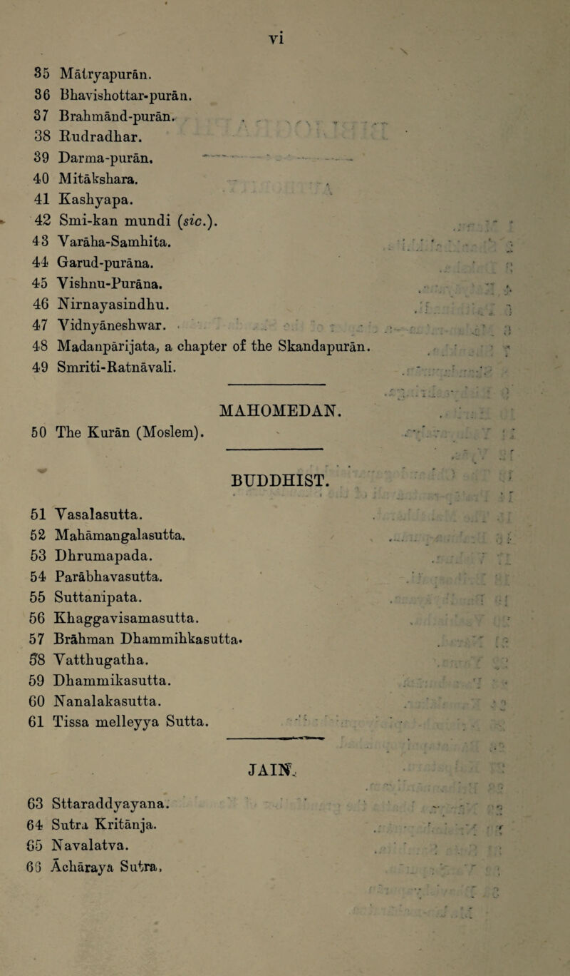 35 Matryapuran. 86 Bhavishottar-puran. 37 Brahmand-puran. , „ 38 Rudradhar. 39 Darma-puran. 40 Mitakshara. 41 Kashyapa. 42 Smi-kan mundi (sic.). 43 Yaraha-Samhita. 44 Garud-purana. 45 Vishnu-Purana. 46 Nirnayasindhu. 47 Yidnyaneshwar. • 48 Madanparijata, a chapter of the Skandapuran. 49 Smriti-Ratnavali. MAHOMEDAN. 50 The Kuran (Moslem). BXJDDHIST. i .... t 51 Yasalasutta. 52 Mahamangalasutta. 53 Dhrumapada. 54 Parabhavasutta. 55 Suttanipata. 56 Khaggavisamasutta. 57 Brahman Dhammihkasutta. 58 Yatthugatha. 59 Dhammikasutta. 60 Nanalakasutta. 61 Tissa melleyya Sutta. JAIW* 63 Sttaraddyayana. 64 Sutra Kritanja. 65 Navalatva. 63 Acharaya Sutra,