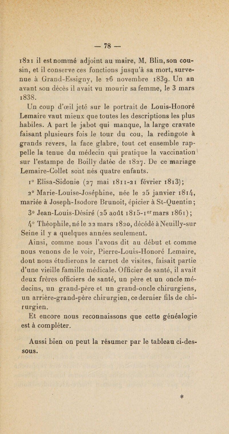 1821 il est nommé adjoint au maire, M. Blin, son cou¬ sin, et il conserve ces fonctions jusqu’à sa mort, surve¬ nue à Grand-Essigny, le 26 novembre 1839. Un an avant son décès il avait vu mourir sa femme, le 3 mars 1838. Un coup d’œil jeté sur le portrait de Louis-Honoré Lemaire vaut mieux que toutes les descriptions les plus habiles. A part le jabot qui manque, la large cravate faisant plusieurs fois le tour du cou, la redingote à grands revers, la face glabre, tout cet ensemble rap¬ pelle la tenue du médecin qui pratique la vaccination sur l’estampe de Boilly datée de 1827. De ce mariage Lemaire-Collet sont nés quatre enfants. i° Elisa-Sidonie (27 mai 1811-21 février 1813) ; 20 Marie-Louise-Joséphine, née le 25 janvier 1814, mariée à Joseph-Isodore Brunoit, épicier à St-Quentin ; 3° Jean-Louis-Désiré (25 août i8i5-iermars 1861) ; 4° Théophile, né le 22 mars 1820, décédé àNeuilly-sur Seine il y a quelques années seulement. Ainsi, comme nous l’avons dit au début et comme nous venons de le voir, Pierre-Louis-Honoré Lemaire, dont nous étudierons le carnet de visites, faisait partie d’une vieille famille médicale. Officier de santé, il avait deux frères officiers de santé, un père et un oncle mé¬ decins, un grand-père et un grand-oncle chirurgiens, un arrière-grand-père chirurgien, ce dernier fils de chi¬ rurgien. Et encore nous reconnaissons que cette généalogie est à compléter. Aussi bien on peut la résumer par le tableau ci-des¬ sous. *