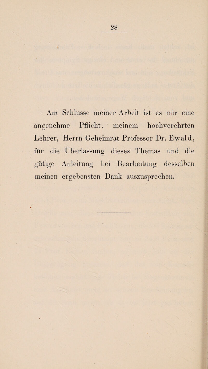 Am Schlüsse meiner Arbeit ist es mir eine angenehme Pflicht, meinem hochverehrten Lehrer, Herrn Geheimrat Professor Dr. Ewald, für die Überlassung dieses Themas und die gütige Anleitung bei Bearbeitung desselben meinen ergebensten Dank auszusprechen.