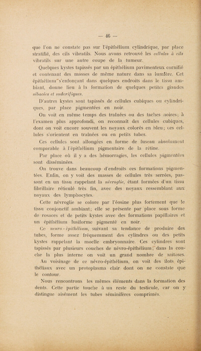 que l’on ne constate pas sur l’épithélium cylindrique, par place stratifié, des cils vibratils. Nous avons retrouvé les cellules à cils vibratils sur une autre coupe de la tumeur. Quelques kystes tapissés par un épithélium pavimenteux cornifié et contenant des masses de même nature dans sa lumière. Cet épithélium s’enfonçant dans quelques endroits dans le tissu am¬ biant, donne lieu à la formation de quelques petites glandes sébacées et sudorifiques. D’autres kystes sont tapissés de cellules cubiques ou cylindri¬ ques, par place pigmentées en noir. On voit en même temps des traînées ou des taches noires; à l’examen plus approfondi, on reconnaît des cellules cubiques, dont on voit encore souvent les noyaux colorés en bleu; ces cel¬ lules s’orientent en traînées ou en petits tubes. Ces cellules sont allongées en forme de fuseau absolument comparable à l’épithélium pigmentaire de la rétine. Par place où il y a des hémorragies, les cellules pigmentées sont disséminées. On trouve dans beaucoup d’endroits ces formations pigmen¬ tées. Enfin, on y voit des masses de cellules très serrées, pas¬ sant en un tissu rappelant la névroglie, étant formées d’un tissu fibrillaire réticulé très fin, avec des noyaux ressemblant aux noyaux des lymphocytes. Cette névroglie se colore par l’éosine plus fortement que le tissu conjonctif ambiant; elle se présente par place sous forme de rosaces et de petits kystes avec des formations papillaires et un épithélium fusiforme pigmenté en noir. Ce neuro - épithélium, suivant sa tendance de produire des tubes, forme assez fréquemment des cylindres ou des petits kystes rappelant la moelle embryonnaire. Ces cylindres sont tapissés par plusieurs couches de névro-épithélium; dans la cou¬ che la plus interne on voit un grand nombre de mitoses. Au voisinage de ce névro-épithélium, on voit des îlots épi¬ théliaux avec un protoplasma clair dont on ne constate que le contour. Nous rencontrons les mêmes éléments dans la formation des dents. Cette partie touche à un reste du testicule, car on y distingue aisément les tubes séminifères comprimés.