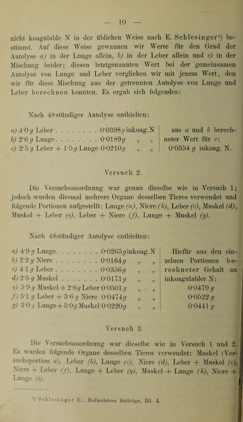 nicht koagulable N in der üblichen Weise nach E. Schlesinger1) be¬ stimmt. Auf diese Weise gewannen wir Werte für den Grad der Autolyse a) in der Lunge allein, b) in der Leber allein und c) in der Mischung beider; diesen letztgenannten Wert bei der gemeinsamen Autolyse von Lunge und Leber verglichen wir mit jenem Wrert, den wir für diese Mischung aus der getrennten Autolyse von Lunge und Leber berechnen konnten. Es ergab sich folgendes: Nach 48stündiger Autolyse enthielten: a) 4*0 # Leber. 0*0398# inkoag.N b) 2*6 g Lunge.0*0189# „ „ c) 2*5 # Leber + 1*5# Lunge 0*0210# „ „ aus a und b berech¬ neter Wert für c: 0*0354 # inkoag. N. Versuch 2. Die Versuchs anordn ung war genau dieselbe wie in Versuch 1; jedoch wurden diesmal mehrere Organe desselben Tieres verwendet und folgende Portionen aufgestellt: Lunge (a), Niere (b)y Leber (c)y Muskel (d)y Muskel 4- Leber (e), Leber 4- Niere (f)y Lunge + Muskel (g). Nach 48stündiger Autolyse enthielten: a) 4*9# Lunge. 0*0263#inkoag.N b) 2*2 # Niere.0*0164# ,, „ c) 4*1# Leber. 0*0336# „ „ d) 2*5 # Muskel.0*0171# „ „ e) 3*9 # Muskel + 2*6# Leber 0*0301 # „ „ f) 3T # Leber 4- 3*6 # Niere 0*0474# „ „ g) 3*0 # Lunge + 3*0# Muskel 0*0220# „ „ Versuch 3. Die Versuchsanordnung war dieselbe wie in Versuch 1 und 2. Ls wurden lolgende Organe desselben Tieres verwendet: Muskel (Ver¬ suchsportion a), Leber (b), Lunge (c), Niere (d), Leber + Muskel (e)y Niere 4- Leber 09, Lunge + Leber (g), Muskel 4- Lunge (li), Niere + Lunge (i). Hiefiir aus den ein¬ zelnen Portionen b e- rechneter Gehalt an inkoagulabler N: 0*0479 # 0*0522 # 0*0441 # ') Schlesinger E.: Hofmeisters Beitrage, Bd. 4.