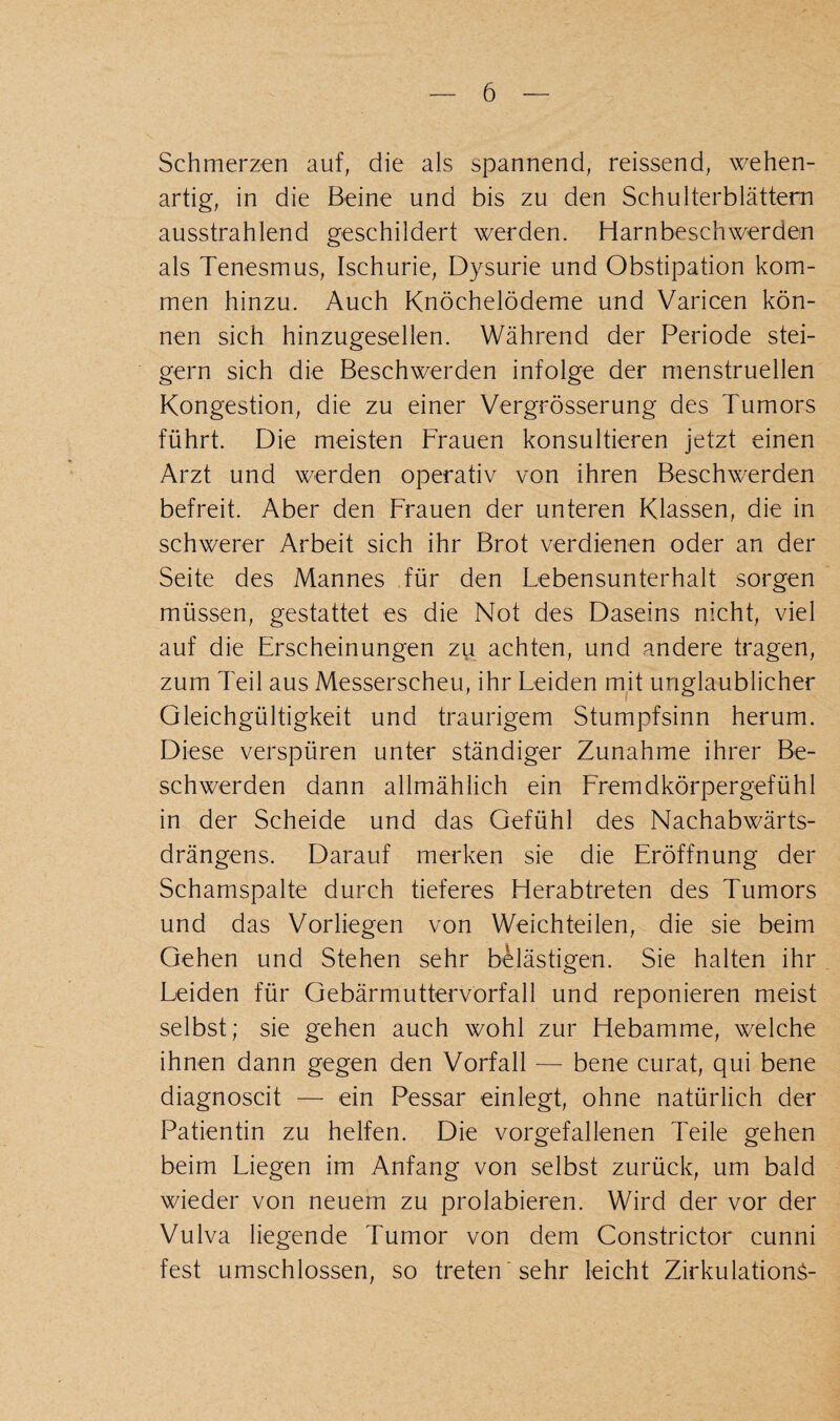 Schmerzen auf, die als spannend, reissend, wehen¬ artig, in die Beine und bis zu den Schulterblättern ausstrahlend geschildert werden. Harnbeschwerden als Tenesmus, Ischurie, Dysurie und Obstipation kom¬ men hinzu. Auch Knöchelödeme und Varicen kön¬ nen sich hinzugesellen. Während der Periode stei¬ gern sich die Beschwerden infolge der menstruellen Kongestion, die zu einer Vergrösserung des Tumors führt. Die meisten Frauen konsultieren jetzt einen Arzt und werden operativ von ihren Beschwerden befreit. Aber den Frauen der unteren Klassen, die in schwerer Arbeit sich ihr Brot verdienen oder an der Seite des Mannes für den Lebensunterhalt sorgen müssen, gestattet es die Not des Daseins nicht, viel auf die Erscheinungen zy achten, und andere tragen, zum Teil aus Messerscheu, ihr Leiden mit unglaublicher Gleichgültigkeit und traurigem Stumpfsinn herum. Diese verspüren unter ständiger Zunahme ihrer Be¬ schwerden dann allmählich ein Fremdkörpergefühl in der Scheide und das Gefühl des Nachabwärts- drängens. Darauf merken sie die Eröffnung der Schamspalte durch tieferes Herabtreten des Tumors und das Vorliegen von Weichteilen, die sie beim Gehen und Stehen sehr belästigen. Sie halten ihr Leiden für Gebärmuttervorfall und reponieren meist selbst; sie gehen auch wohl zur Hebamme, welche ihnen dann gegen den Vorfall — bene curat, qui bene diagnoscit — ein Pessar einlegt, ohne natürlich der Patientin zu helfen. Die vorgefallenen Teile gehen beim Liegen im Anfang von selbst zurück, um bald wieder von neuem zu prolabieren. Wird der vor der Vulva liegende Tumor von dem Constrictor cunni fest umschlossen, so treten sehr leicht Zirkulation^-