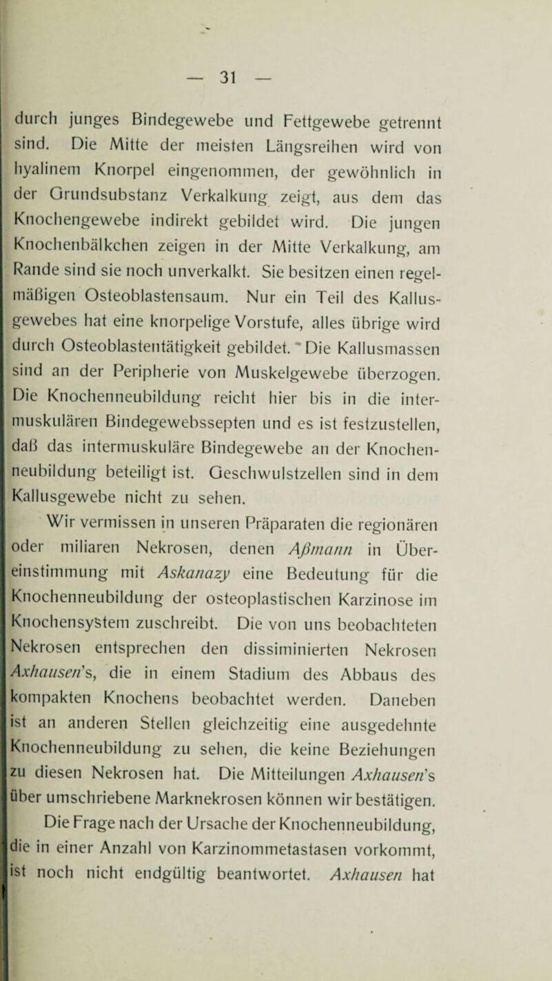 durch junges Bindegewebe und Fettgewebe getrennt sind. Die Mitte der meisten Längsreihen wird von hyalinem Knorpel eingenommen, der gewöhnlich in der Grundsubstanz Verkalkung zeigt, aus dem das Knochengewebe indirekt gebildet wird. Die jungen Knochenbälkchen zeigen in der Mitte Verkalkung, am Bande sind sie noch unverkalkt. Sie besitzen einen regel¬ mäßigen Osteoblastensaum. Nur ein Teil des Kallus- gewebes hat eine knorpelige Vorstufe, alles übrige wird I durch Osteoblastentätigkeit gebildet. Die Kallusmassen sind an der Peripherie von Muskelgewebe überzogen. I Die Knochenneubildung reicht hier bis in die inter¬ muskulären Bindegewebssepten und es ist festzustellen, daß das intermuskuläre Bindegewebe an der Knochen¬ neubildung beteiligt ist. Geschwulstzellen sind in dem Kallusgewebe nicht zu sehen. Wir vermissen in unseren Präparaten die regionären oder miliaren Nekrosen, denen Aßmann in Über¬ einstimmung mit Askanazy eine Bedeutung für die Knochenneubildung der osteoplastischen Karzinose im Knochensystem zuschreibt. Die von uns beobachteten Nekrosen entsprechen den dissimulierten Nekrosen Axhausen's, die in einem Stadium des Abbaus des kompakten Knochens beobachtet werden. Daneben ist an anderen Stellen gleichzeitig eine ausgedehnte Knochenneubildung zu sehen, die keine Beziehungen zu diesen Nekrosen hat. Die Mitteilungen Axhausen's über umschriebene Marknekrosen können wir bestätigen. Die Frage nach der Ursache der Knochenneubildung, die in einer Anzahl von Karzinommetastasen vorkommt, ist noch nicht endgültig beantwortet. Axhausen hat