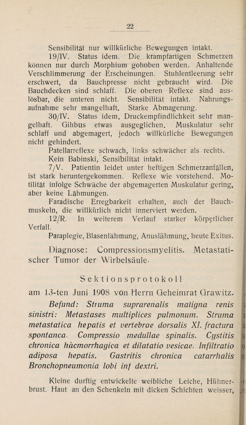 Sensibilität nur willkürliche Bewegungen intakt. 19/IV. Status idem. Die krampfartigen Schmerzen können nur durch Morphium gohoben werden. Anhaltende Verschlimmerung der Erscheinungen. Stuhlentleerung sehr erschwert, da Bauchpresse nicht gebraucht wird. Die Bauchdecken sind schlaff. Die oberen Reflexe sind aus¬ lösbar, die unteren nicht. Sensibilität intakt. Nahrungs¬ aufnahme sehr mangelhaft. Starke Abmagerung. 30/IV. Status idem. Druckempfindlichkeit sehr man¬ gelhaft. Gihbus etwas ausgeglichen. Muskulatur sehr schlaff und abgemagert, jedoch willkürliche Bewegungen nicht gehindert. Patellarreflexe schwach, links schwächer als rechts. Kein Babinski, Sensibilität intakt. 7/V. Patientin leidet unter heftigen Schmerzanfällen, ist stark heruntergekommen. Reflexe wie vorstehend. Mo¬ tilität infolge Schwäche der abgemagerten Muskulatur gering, aber keine Lähmungen. Faradische Erregbarkeit erhalten, auch der Bauch¬ muskeln, die willkürlich nicht innerviert werden. 12/R. In weiterem Verlauf starker körperlicher Verfall. Paraplegie, Blasenlähmung, Anuslähmung, heute Exitus. Diagnose: Compressionsmyelitis. Metastati¬ scher Tumor der Wirbelsäule. Sektionsprotokoll am 13-ten Juni 1908 von Herrn Geheimrat Grawitz. Befund: Struma suprarenalis maligna renis sinistri: Metastases multiplices pulmonum. Struma metastatica hepatis et vertebrae dorsalis XL fractura spontanca. Compressio medullae spinalis. Cgstitis chronica häcmorrhagica et dilatatio vesicae. Infiltratio adiposa hepatis. Gastritis chronica catarrhalis Bronchopneumonia lobi inf dextri. Kleine dürftig entwickelte weibliche Leiche, Hühner¬ brust. Haut an den Schenkeln mit dicken Schichten weisser.