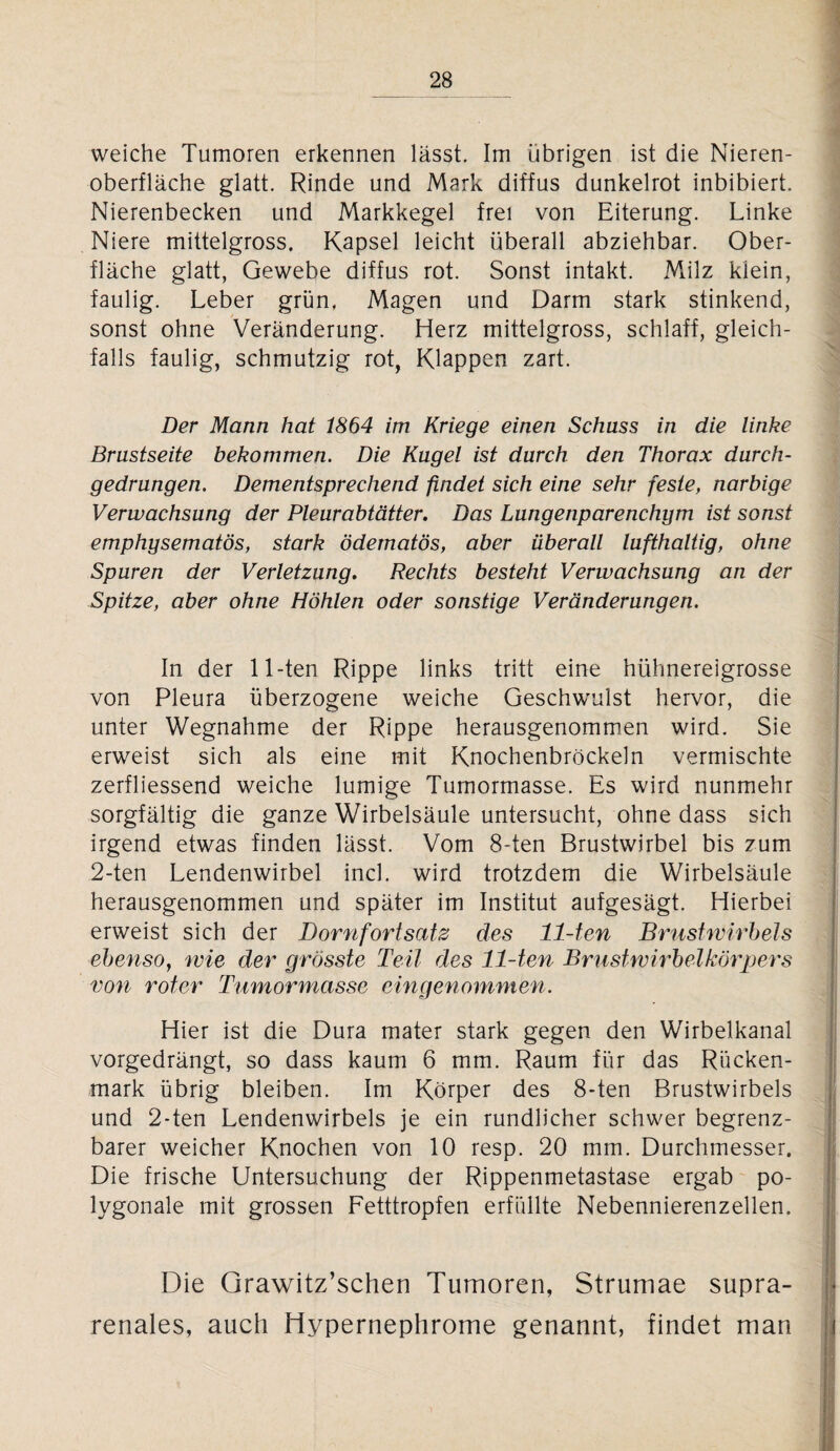 weiche Tumoren erkennen lässt. Im übrigen ist die Nieren¬ oberfläche glatt. Rinde und Mark diffus dunkelrot inhibiert. Nierenbecken und Markkegel frei von Eiterung. Linke Niere mittelgross. Kapsel leicht überall abziehbar. Ober¬ fläche glatt, Gewebe diffus rot. Sonst intakt. Milz klein, faulig. Leber grün, Magen und Darm stark stinkend, sonst ohne Veränderung. Herz mittelgross, schlaff, gleich¬ falls faulig, schmutzig rot, Klappen zart. Der Mann hat 1864 im Kriege einen Schuss in die linke Brustseite bekommen. Die Kugel ist durch den Thorax durch¬ gedrungen. Dementsprechend findet sich eine sehr feste, narbige Verwachsung der Pleurabtätter. Das Lungenparenchym ist sonst emphysematos, stark ödematös, aber überall lufthaltig, ohne Spuren der Verletzung. Rechts besteht Verwachsung an der Spitze, aber ohne Höhlen oder sonstige Veränderungen. In der 11-ten Rippe links tritt eine hühnereigrosse von Pleura überzogene weiche Geschwulst hervor, die unter Wegnahme der Rippe herausgenommen wird. Sie erweist sich als eine mit Knochenbröckeln vermischte zerfliessend weiche lumige Tumormasse. Es wird nunmehr sorgfältig die ganze Wirbelsäule untersucht, ohne dass sich irgend etwas finden lässt. Vom 8-ten Brustwirbel bis zum 2-ten Lendenwirbel incl. wird trotzdem die Wirbelsäule herausgenommen und später im Institut aufgesägt. Hierbei erweist sich der Dornfortsatz des 11-ten Brustwirbels ebenso, wie der grösste Teil des 11-ten Brustwirbelkörpers von roter Tumormasse eingenommen. Hier ist die Dura mater stark gegen den Wirbelkanal vorgedrängt, so dass kaum 6 mm. Raum für das Rücken¬ mark übrig bleiben. Im Körper des 8-ten Brustwirbels und 2-ten Lendenwirbels je ein rundlicher schwer begrenz¬ barer weicher Knochen von 10 resp. 20 mm. Durchmesser. Die frische Untersuchung der Rippenmetastase ergab po¬ lygonale mit grossen Fetttropfen erfüllte Nebennierenzellen. Die Grawitz’schen Tumoren, Strumae supra¬ renales, auch Iiypernephrome genannt, findet man