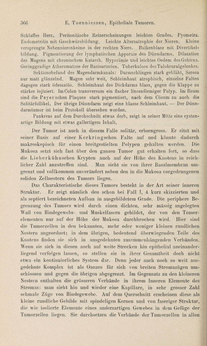 Schlaffes Herz. Peritonitisohe Keizerscheinungen leichten Grades. Pyometra. Endometritis mit Geschwürsbildung. Leichte Altersatrophie der Nieren. Kleine versprengte Nebennierenheime in der rechten Niere. Balkenblase mit Divertikel¬ bildung. Pigmentierung der lymphatischen Apparate des Dünndarms. Dilatation des Magens mit chronischem Katarrh. Hyperämie und leichtes Oedem desGehirns. Geringgradige Atheromatose der Basisarterien. Tuberkulose desTalokruralgelenkes. Sektionsbefund des Magendarmkanals: Darmschlingen stark gebläht, Serosa nur matt glänzelnd. Magen sehr weit, Schleimhaut atrophisch, einzelne Falten dagegen stark ödematös. Schleimhaut des Dickdarms blass, gegen die Klappe zu stärker injiziert. Im Colon transversum ein flacher linsenförmiger Polyp. Im Ileum sind die Peyer sehen Plaques stark pigmentiert, nach dem Cöcum zu auch die Solitärfollikel. Der übrige Dünndarm zeigt eine blasse Schleimhaut. — Der Dünn¬ darmtumor ist beim Protokoll übersehen worden. Pankreas auf dem Durchschnitt etwas derb, zeigt in seiner Mitte eine cysten¬ artige Bildung mit etwas gallertigem Inhalt. Der Tumor ist auch in diesem Falle solitär, erbsengross. Er sitzt mit seiner Basis auf einer Kerkringschen Falte auf und könnte dadurch makroskopisch für einen breitgestielten Polypen gehalten werden. Die Mukosa setzt sich fast über den ganzen Tumor gut erhalten fort, so dass die Lieberkühnschen Krypten auch auf der Höhe des Knotens in reich¬ licher Zahl anzutreffen sind. Man sieht sie von ihrer Basalmembran um¬ grenzt und vollkommen unverändert neben den in die Mukosa vorgedrungenen soliden Zellnestern des Tumors liegen. Das Charakteristische dieses Tumors besteht in der Art seiner inneren Struktur. Er zeigt nämlich den schon bei Fall I, 4 kurz skizzierten und als septiert bezeichneten Aufbau in ausgebildetem Grade. Die periphere Be¬ grenzung des Tumors wird durch einen dichten, sehr mässig angelegten Wall von Bindegewebs- und Muskelfasern gebildet, der von den Tumor¬ elementen nur auf der Flöhe der Mukosa durchbrochen wird. Hier sind die Tumorzellen in den bekannten, mehr oder weniger kleinen rundlichen Nestern angeordnet; in dem übrigen, bedeutend überwiegenden Teile des Knotens finden sie sich in ausgedehnten zusammenhängenden Verbänden. Wenn sie sich in diesen auch auf weite Strecken hin epithelial aneinander¬ liegend verfolgen lassen, so stellen sie in ihrer Gesamtheit doch nicht etwa ein kontinuierliches System dar. Denn jeder auch noch so weit aus¬ gedehnte Komplex ist als Ganzes für sich von breiten Stromazügen um¬ schlossen und gegen die übrigen abgegrenzt. Im Gegensatz zu den kleineren Nestern enthalten die grösseren Verbände in ihrem Inneren Elemente des Stromas: man sieht hin und wieder eine Kapillare, in sehr grosser Zahl schmale Züge von Bindegewebe. Auf dem Querschnitt erscheinen diese als kleine rundliche Gebilde mit spindeligen Kernen und von faseriger Struktur, die wie isolierte Elemente eines andersartigen Gewebes in dem Gefüge der Tumorzellen liegen. Sie durchsetzen die Verbände der Tumorzellen in allen
