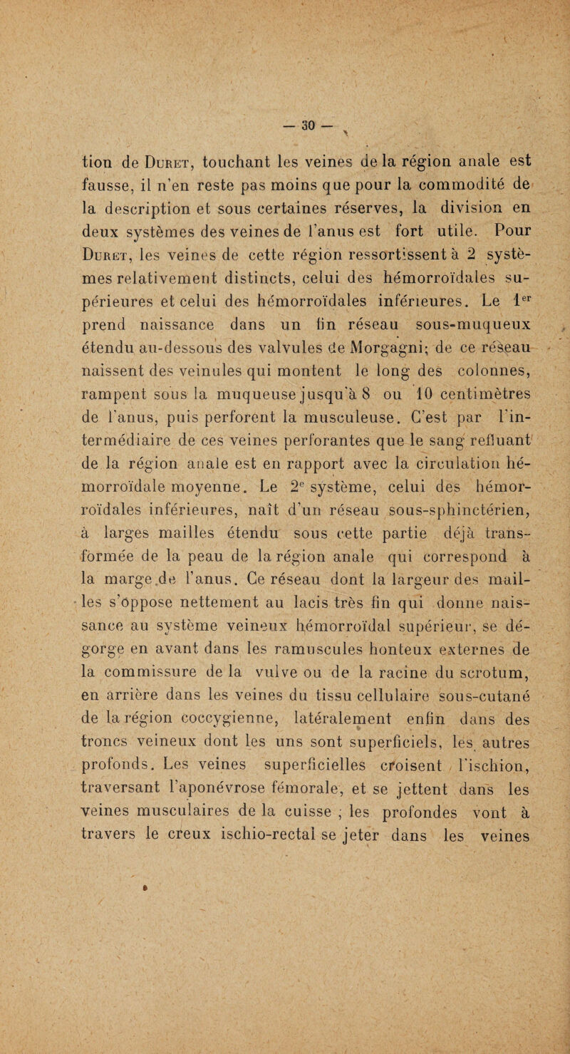 tion de Duret, touchant les veines de la région anale est fausse, il n’en reste pas moins que pour la commodité de la description et sous certaines réserves, la division en deux systèmes des veines de l’anus est fort utile. Pour Duret, les veines de cette région ressortissent à 2 systè¬ mes relativement distincts, celui des hémorroïdales su¬ périeures et celui des hémorroïdales inférieures. Le 1er prend naissance dans un lin réseau sous-muqueux étendu au-dessous des valvules de Morgagni; de ce réàçau naissent des veinules qui montent le long des colonnes, rampent sous la muqueuse jusqu'à 8 ou 10 centimètres de l’anus, puis perforent la musculeuse. C’est par l’in¬ termédiaire de ces veines perforantes que le sang refluant de la région anale est en rapport avec la circulation hé¬ morroïdale moyenne. Le 2e système, celui des hémor¬ roïdales inférieures, naît d’un réseau sous-sphinctérien, à larges mailles étendu sous cette partie déjà trans¬ formée de la peau de la région anale qui correspond à la marge de l’anus. Ce réseau dont la largeur des mail¬ les s’oppose nettement au lacis très lin qui donne nais¬ sance au système veineux hémorroïdal supérieur, se dé¬ gorge en avant dans les ramuscules honteux externes de la commissure de la vulve ou de la racine du scrotum, en arrière dans les veines du tissu cellulaire sous-cutané de la région coccygienne, latéralement enfin dans des troncs veineux dont les uns sont superficiels, les autres profonds. Les veines superficielles croisent l'ischion, traversant l’aponévrose fémorale, et se jettent dans les veines musculaires de la cuisse ; les profondes vont à travers le creux ischio-rectai se jeter dans les veines »