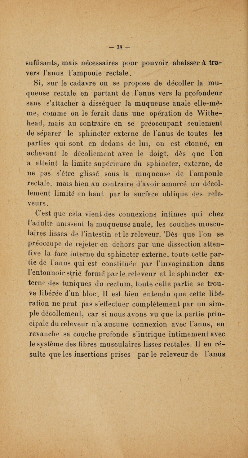 suffisants, mais nécessaires pour pouvoir abaisser à tra¬ vers l’anus l’ampoule rectale. Si, sur le cadavre on se propose de décoller la mu¬ queuse rectale en partant de l’anus vers la profondeur sans s’attacher à disséquer la muqueuse anale elle-mê¬ me, comme on le ferait dans une opération de Withe- head, mais au contraire en se préoccupant seulement de séparer le sphincter externe de l’anus de toutes les parties qui sont en dedans de lui, on est étonné, en achevant le décollement avec le doigt, dès que Ton a atteint la limite supérieure du sphincter, externe, de ne pas s’être glissé sous la muqueuse de l’ampoule rectale, mais bien au contraire d’avoir amorcé un décol¬ lement limité en haut par la surface oblique des rele- veurs. C’est que cela vient des connexions intimes qui chez l’adulte unissent la muqueuse anale, les couches muscu¬ laires lisses de l’intestin et le releveur. Dès que l’on se préoccupe de rejeter en dehors par une dissection atten¬ tive la face interne du sphincter externe, toute cette par¬ tie de l’anus qui est constituée par l’invagination dans 1 entonnoir strié formé parle releveur et le sphincter ex¬ terne des tuniques du rectum, tbute cette partie se trou¬ ve libérée d’un bloc. Il est bien entendu que cette libé¬ ration ne peut pas s’effectuer complètement par un sim¬ ple décollement, car si nous avons vu que la partie prin¬ cipale du releveur n’a aucune connexion avec l’anus, en revanche sa couche profonde s’intrique intimement avec le système des libres musculaires lisses rectales. Il en ré¬ sulte que les insertions prises parle releveur de l’anus i