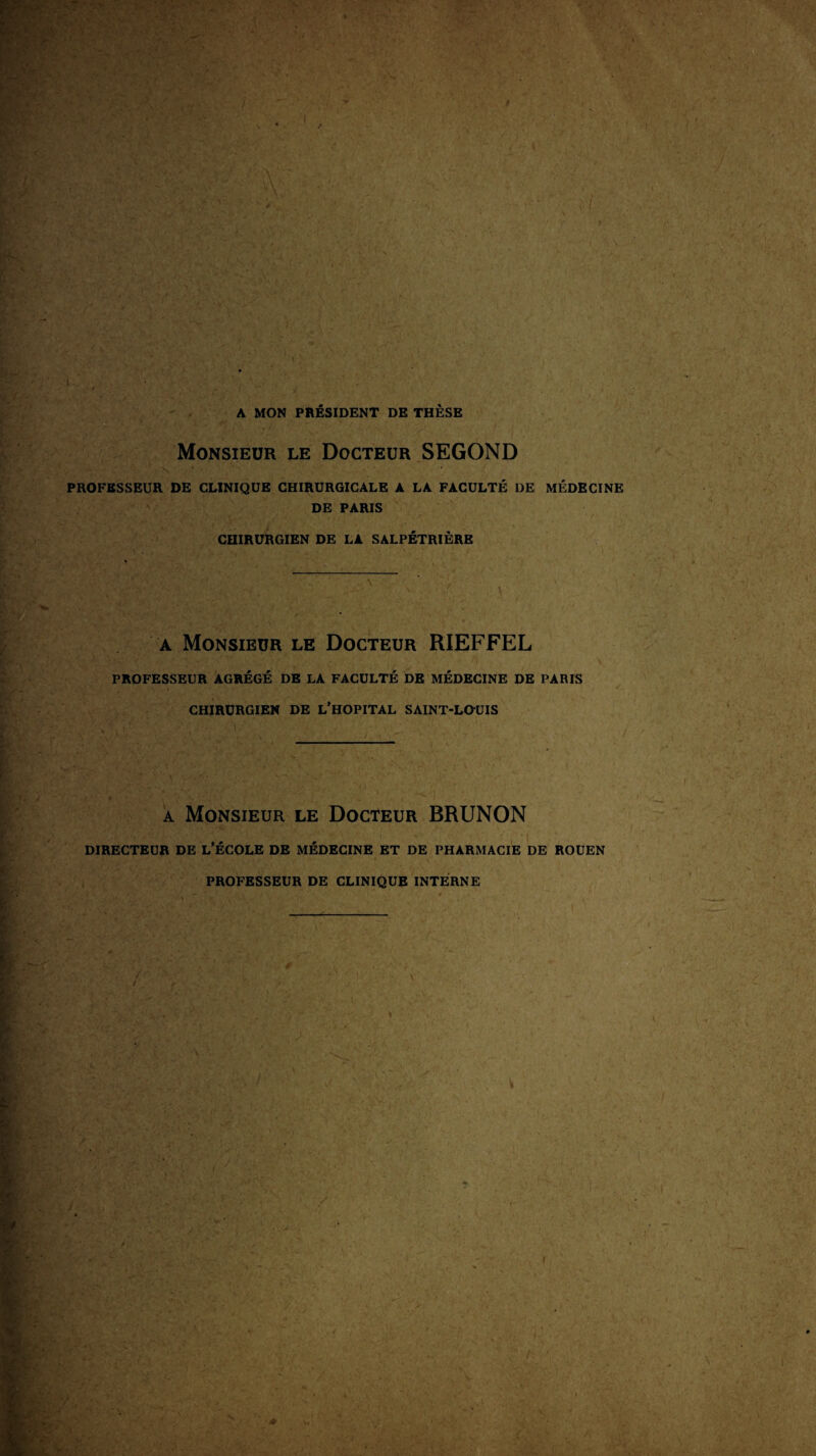 - 1 A MON PRESIDENT DE THESE Monsieur le Docteur SEGOND PROFESSEUR DE CLINIQUE CHIRURGICALE A LA FACULTE DE MEDECINE DE PARIS . CHIRURGIEN DE LA SALPÉTRIÈRE a Monsieur le Docteur RIEFFEL PROFESSEUR AGRÉGÉ DE LA FACULTÉ DE MÉDECINE DE PARIS CHIRURGIEN DE L’HOPITAL SAINT-LOUIS a Monsieur le Docteur RRUNON DIRECTEUR DE L’ÉCOLE DE MÉDECINE ET DE PHARMACIE DE ROUEN PROFESSEUR DE CLINIQUE INTERNE S - \ J . \ ‘ ‘ *