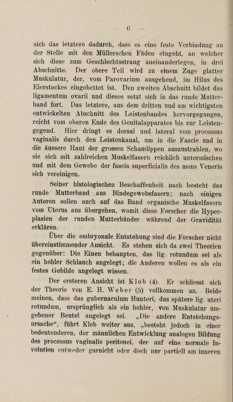 sich das letztere dadurch, dass es eine feste Verbindung an der Stelle mit den Mtillerschen Fäden eingeht, an welcher sich diese zum Geschlechtsstrang äneinanderlegen, in drei Abschnitte. Der obere Teil wird zu einem Zuge glatter Muskulatur, der, vom Parovarium ausgehend, im Hilus des Eierstockes eingebettet ist. Den zweiten Abschnitt bildet das ligamentum ovarii und dieses setzt sich in das runde Mutter¬ band fort. Das letztere, aus dem dritten und am wichtigsten entwickelten Abschnitt des Leistenbandes hervorgegangen, reicht vom oberen Ende des Genitalapparates bis zur Leisten¬ gegend. Hier dringt es dorsal und lateral vom processus vaginalis durch den Leistenkanal, um in die Fascie uud in die äussere Haut der grossen Schamlippen auszustrahlen, wo sie sich mit zahlreichen Muskelfasern reichlich untermischen und mit dem Gewebe der fascia superficialis des mons Veneris sich vereinigen. Seiner histologischen Beschaffenheit nach besteht das runde Mutterband .aus Bindegewebsfasern; nach einigen Autoren sollen auch auf das Band organische Muskelfasern vom Uterus aus übergehen, womit diese Forscher die Hyper¬ plasien der runden Mütterbänder während der Gravidität erklären. • • Uber die embryonale Entstehung sind die Forscher nicht übereinstimmender Ansicht. Es stehen sich da zwei Theorien gegenüber: Die Einen behaupten, das lig. rotundum sei als ein hohler Schlauch angelegt; die Anderen wollen es als ein festes Gebilde angelegt wissen. Der ersteren Ansicht ist Kl ob (4). Er schliesst sich der Theorie von E. H. Weber (5) vollkommen an. Beide meinen, dass das gubernaculum Hunteri, das spätere lig. uteri rotundum, ursprünglich als ein hohler, von Muskulatur um¬ gebener Beutel angelegt sei. „Die andere Entstehungs¬ ursache“, führt Klob weiter aus, „besteht jedoch in einer bedeutenderen, der männlichen Entwicklung analogen Bildung des processus vaginalis peritonei, der auf eine normale In¬ volution entweder garnicht oder doch nur partiell am inneren