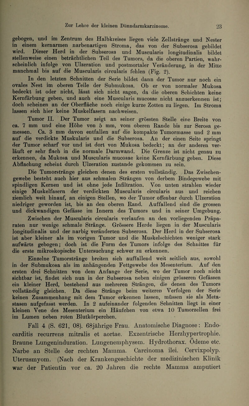 gebogen, und im Zentrum des Halbkreises liegen viele Zellstränge und Nester in einem kernarmen narbenartigeu Stroma, das von der Subserosa gebildet wird. Dieser Herd in der Subserosa und Muscularis longitudinalis bildet stellenweise einen beträchtlichen Teil des Tumors, da die oberen Partien, wahr¬ scheinlich infolge von Ulzeration und postmortaler Veränderung, in der Mitte manchmal bis auf die Muscularis circularis fehlen (Fig. 2). In den letzten Schnitten der Serie bildet dann der Tumor nur noch ein ovales Nest im oberen Teile der Submukosa. Ob er von normaler Mukosa bedeckt ist oder nicht, lässt sich nicht sagen, da die oberen Schichten keine Kernfärbung geben, und auch eine Muscularis mucosae nicht anzuerkennen ist; doch scheinen an der Oberfläche noch einige kurze Zotten zu liegen. Im Stroma lassen sich hier keine Muskelfasern nachweisen. Tumor II. Der Tumor zeigt an seiner grössten Stelle eine Breite von ca. 7 mm und eine Höhe von 5 mm, vom oberen Rande bis zur Serosa ge¬ messen. Ca. 3 mm davon entfallen auf die kompakte Tumormasse und 2 mm auf die verdickte Muskularis und die Subserosa. An der einen Seite springt der Tumor scharf vor und ist dort von Mukosa bedeckt; an der anderen ver¬ läuft er sehr flach in die normale Darmwand. Die Grenze ist nicht genau zu erkennen, da Mukosa und Muscularis mucosae keine Kernfärbung geben. Diese Abflachung scheint durch Ulzeration zustande gekommen zu sein. Die Tumorstränge gleichen denen des ersten vollständig. Das Zwischen¬ gewebe besteht auch hier aus schmalen Strängen von derbem Bindegewebe mit spindligen Kernen und ist ohne jede Infiltration. Von unten strahlen wieder einige Muskelfasern der verdickten Muscularis circularis aus und reichen ziemlich weit hinauf, an einigen Stellen, wo der Tumor offenbar durch Ulzeration niedriger geworden ist, bis an den oberen Rand. Auffallend sind die grossen und dickwandigen Gefässe im Innern des Tumors und in seiner Umgebung. Zwischen der Muscularis circularis verlaufen an den vorliegenden Präpa¬ raten nur wenige schmale Stränge. Grössere Herde liegen in der Muscularis longitudinalis und der narbig veränderten Subserosa. Der Herd in der Subserosa ist aber kleiner als im vorigen Tumor und die Muskelschichten weniger stark aufwärts gebogen; doch ist die Form des Tumors infolge des Schnittes für die erste mikroskopische Untersuchung schwer zu erkennen. Einzelne Tumorstränge breiten sich auffallend weit seitlich aus, sowohl in der Submukosa als im anhängenden Fettgewebe des Mesenterium. Auf den ersten drei Schnitten von dem Anfänge der Serie, wo der Tumor noch nicht sichtbar ist, findet sich nun in der Subserosa neben einigen grösseren Gefässen ein kleiner Herd, bestehend aus mehreren Strängen, die denen des Tumors vollständig gleichen. Da diese Stränge beim weiteren Verfolgen der Serie keinen Zusammenhang mit dem Tumor erkennen lassen, müssen sie als Meta¬ stasen aufgefasst werden. In 2 aufeinander folgenden Schnitten liegt in einer kleinen Vene des Mesenterium ein Häufchen von etwa 10 Tumorzellen frei im Lumen neben roten Blutkörperchen. Fall 4 (S. 621, 08). 68jährige Frau. Anatomische Diagnose: Endo- carditis recurrens mitralis et aortae. Exzentrische Herzhypertrophie. Braune Lungeninduration. Lungenemphysem. Hydrothorax. Ödeme etc. Narbe an Stelle der rechten Mamma. Carcinoma ilei. Cervixpolyp. Uterusmyom. (Nach der Krankengeschichte der medizinischen Klinik war der Patientin vor ca. 20 Jahren die rechte Mamma amputiert