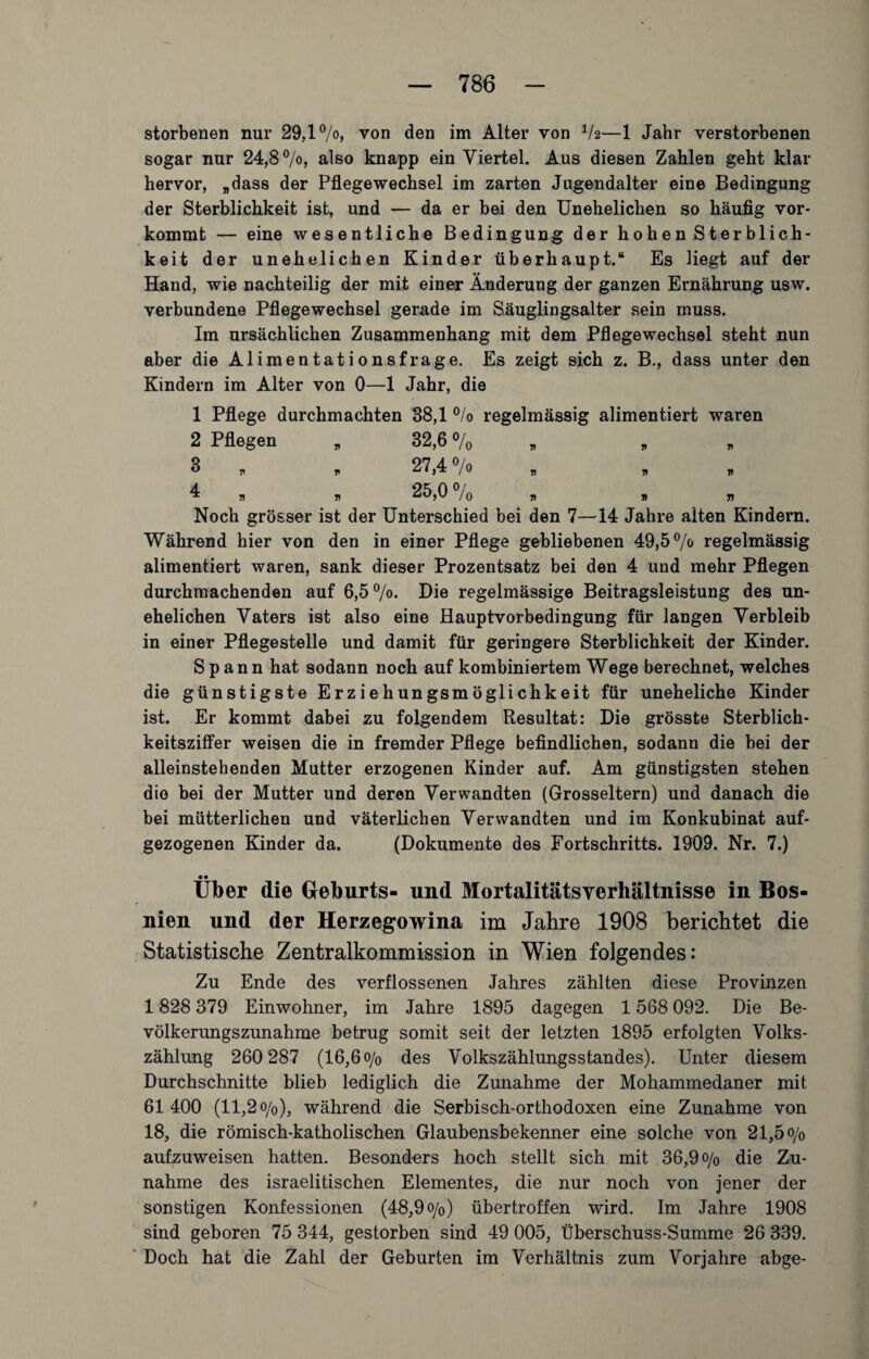 storbenen nur 29,1 °/o, von den im Alter von 1k—1 Jahr verstorbenen sogar nur 24,8%, also knapp ein Viertel. Aus diesen Zahlen geht klar hervor, „dass der Pflegewechsel im zarten Jugendalter eine Bedingung der Sterblichkeit ist, und — da er bei den Unehelichen so häufig vor¬ kommt — eine wesentliche Bedingung der hohen Sterblich¬ keit der unehelichen Kinder überhaupt.“ Es liegt auf der Hand, wie nachteilig der mit einer Änderung der ganzen Ernährung usw. verbundene Pflegewechsel gerade im Säuglingsalter sein muss. Im ursächlichen Zusammenhang mit dem Pflege Wechsel steht nun aber die Alimentationsfrage. Es zeigt sich z. B., dass unter den Kindern im Alter von 0—1 Jahr, die 1 Pflege durchmachten 88,1 °/o regelmässig alimentiert waren 2 Pflegen „ 32,6% 3 „ „ 27,4 % „ „ „ 4 „ n 25,0% „ fl n Noch grösser ist der Unterschied bei den 7—14 Jahre alten Kindern. Während hier von den in einer Pflege gebliebenen 49,5 % regelmässig alimentiert waren, sank dieser Prozentsatz bei den 4 und mehr Pflegen durchmachenden auf 6,5 %>. Hie regelmässige Beitragsleistung des un¬ ehelichen Vaters ist also eine Hauptvorbedingung für langen Verbleib in einer Pflegestelle und damit für geringere Sterblichkeit der Kinder. Spann hat sodann noch auf kombiniertem Wege berechnet, welches die günstigste Erziehungsmöglichkeit für uneheliche Kinder ist. Er kommt dabei zu folgendem Resultat: Die grösste Sterblich¬ keitsziffer weisen die in fremder Pflege befindlichen, sodann die bei der alleinstehenden Mutter erzogenen Kinder auf. Am günstigsten stehen die bei der Mutter und deren Verwandten (Grosseltern) und danach die bei mütterlichen und väterlichen Verwandten und im Konkubinat auf¬ gezogenen Kinder da. (Dokumente des Fortschritts. 1909. Nr. 7.) • • Uber die Geburts- und Mortalitätsverhältnisse in Bos¬ nien und der Herzegowina im Jahre 1908 berichtet die Statistische Zentralkommission in Wien folgendes: Zu Ende des verflossenen Jahres zählten diese Provinzen 1828 379 Einwohner, im Jahre 1895 dagegen 1568 092. Die Be¬ völkerungszunahme betrug somit seit der letzten 1895 erfolgten Volks¬ zählung 260 287 (16,6 o/o des Volkszählungsstandes). Unter diesem Durchschnitte blieb lediglich die Zunahme der Mohammedaner mit 61 400 (11,2 o/o), während die Serbisch-orthodoxen eine Zunahme von 18, die römisch-katholischen Glaubensbekenner eine solche von 21,5 o/0 aufzuweisen hatten. Besonders hoch stellt sich mit 36,9 o/0 die Zu¬ nahme des israelitischen Elementes, die nur noch von jener der sonstigen Konfessionen (48,9o/0) übertroffen wird. Im Jahre 1908 sind geboren 75 344, gestorben sind 49 005, Überschuss-Summe 26 339. Doch hat die Zahl der Geburten im Verhältnis zum Vorjahre abge-
