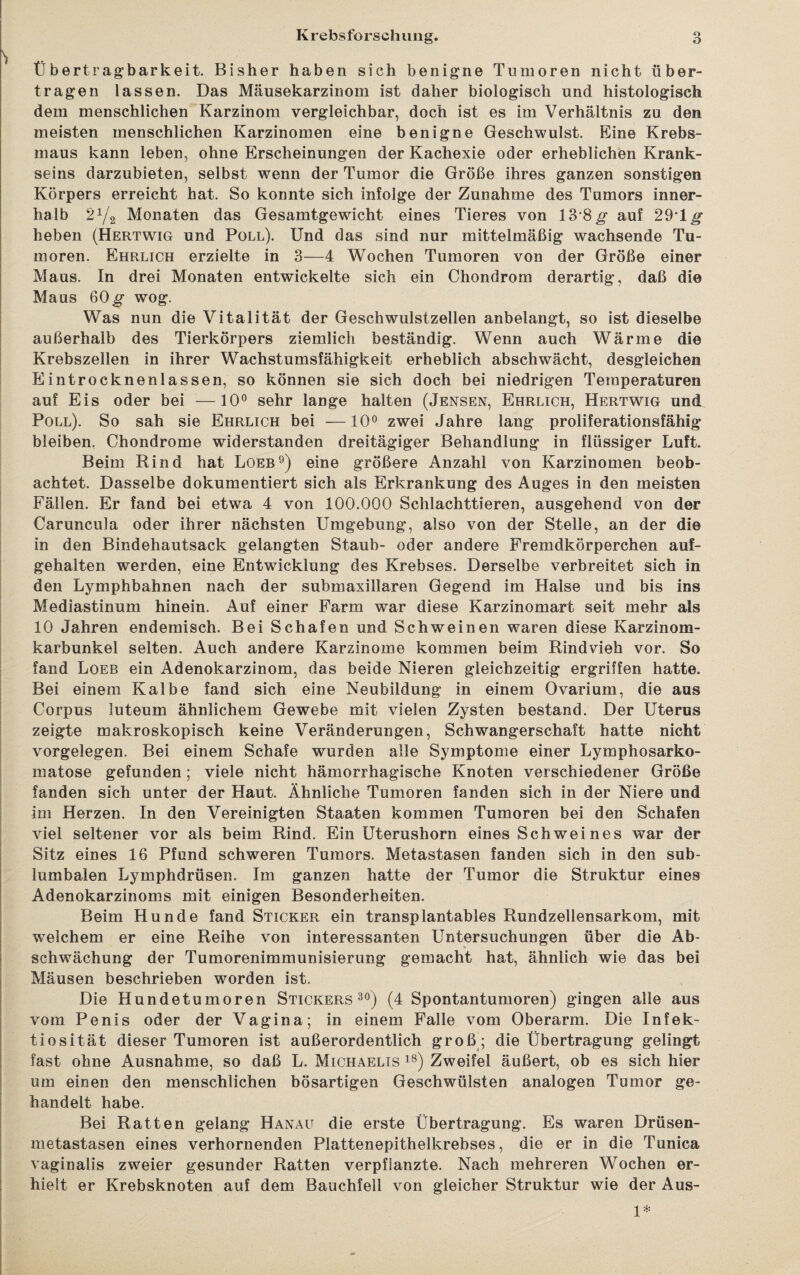 Übertragbarkeit. Bisher haben sich benigne Tumoren nicht über¬ tragen lassen. Das Mäusekarzinom ist daher biologisch und histologisch dem menschlichen Karzinom vergleichbar, doch ist es im Verhältnis zu den meisten menschlichen Karzinomen eine benigne Geschwulst. Eine Krebs¬ maus kann leben, ohne Erscheinungen der Kachexie oder erheblichen Krank¬ seins darzubieten, selbst wenn der Tumor die Größe ihres ganzen sonstigen Körpers erreicht hat. So konnte sich infolge der Zunahme des Tumors inner¬ halb 2x/2 Monaten das Gesamtgewicht eines Tieres von 13’8,g auf 29’1^ heben (Hertwig und Poll). Und das sind nur mittelmäßig wachsende Tu¬ moren. Ehrlich erzielte in 3—4 Wochen Tumoren von der Größe einer Maus. In drei Monaten entwickelte sich ein Chondrom derartig, daß die Maus 60 g- wog. Was nun die Vitalität der Geschwulstzellen anbelangt, so ist dieselbe außerhalb des Tierkörpers ziemlich beständig. Wenn auch Wärme die Krebszellen in ihrer Wachstumsfähigkeit erheblich abschwächt, desgleichen Eintrocknenlassen, so können sie sich doch bei niedrigen Temperaturen auf Eis oder bei —10° sehr lange halten (Jensen, Ehrlich, Hertwig und Poll). So sah sie Ehrlich bei —10° zwei Jahre lang proliferationsfähig bleiben. Chondrome widerstanden dreitägiger Behandlung in flüssiger Luft. Beim Rind hat Loeb9) eine größere Anzahl von Karzinomen beob¬ achtet. Dasselbe dokumentiert sich als Erkrankung des Auges in den meisten Fällen. Er fand bei etwa 4 von 100.000 Schlachttieren, ausgehend von der Caruncula oder ihrer nächsten Umgebung, also von der Stelle, an der die in den Bindehautsack gelangten Staub- oder andere Fremdkörperchen auf¬ gehalten werden, eine Entwicklung des Krebses. Derselbe verbreitet sich in den Lymphbahnen nach der submaxillaren Gegend im Halse und bis ins Mediastinum hinein. Auf einer Farm war diese Karzinomart seit mehr als 10 Jahren endemisch. Bei Schafen und Schweinen waren diese Karzinom¬ karbunkel selten. Auch andere Karzinome kommen beim Rindvieh vor. So fand Loeb ein Adenokarzinom, das beide Nieren gleichzeitig ergriffen hatte. Bei einem Kalbe fand sich eine Neubildung in einem Ovarium, die aus Corpus luteum ähnlichem Gewebe mit vielen Zysten bestand. Der Uterus zeigte makroskopisch keine Veränderungen, Schwangerschaft hatte nicht Vorgelegen. Bei einem Schafe wurden alle Symptome einer Lymphosarko- matose gefunden; viele nicht hämorrhagische Knoten verschiedener Größe fanden sich unter der Haut. Ähnliche Tumoren fanden sich in der Niere und im Herzen. In den Vereinigten Staaten kommen Tumoren bei den Schafen viel seltener vor als beim Rind. Ein Uterushorn eines Schweines war der Sitz eines 16 Pfund schweren Tumors. Metastasen fanden sich in den sub¬ lumbalen Lymphdrüsen. Im ganzen hatte der Tumor die Struktur eines Adenokarzinoms mit einigen Besonderheiten. Beim Hunde fand Sticker ein transplantables Rundzellensarkom, mit welchem er eine Reihe von interessanten Untersuchungen über die Ab¬ schwächung der Tumorenimmunisierung gemacht hat, ähnlich wie das bei Mäusen beschrieben worden ist. Die Hundetumoren Stickers30) (4 Spontantumoren) gingen alle aus vom Penis oder der Vagina; in einem Falle vom Oberarm. Die Infek¬ tiosität dieser Tumoren ist außerordentlich groß ; die Übertragung gelingt fast ohne Ausnahme, so daß L. Michaelis 18) Zweifel äußert, ob es sich hier um einen den menschlichen bösartigen Geschwülsten analogen Tumor ge¬ handelt habe. Bei Ratten gelang Hanau die erste Übertragung. Es waren Drüsen¬ metastasen eines verhornenden Plattenepithelkrebses, die er in die Tunica vaginalis zweier gesunder Ratten verpflanzte. Nach mehreren Wochen er¬ hielt er Krebsknoten auf dem Bauchfell von gleicher Struktur wie der Aus- 1*