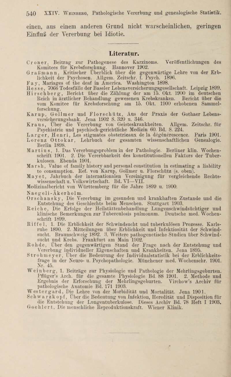 einen, aus einem anderen Grund nicht warscheinlichen, geringen Einfluß der Vererbung bei Idiotie. Literatur. Croner, Beitrag zur Pathogenese des Karzinoms. Veröffentlichungen des Komitees für Krebsforschung. Hannover 1902. Graßmann, Kritischer Überblick über die gegenwärtige Lehre von der Erb¬ lichkeit der Psychosen. Allgem. Zeitschr. f. Psych. 1896. Fay, Mariages of the deaf in America. Washington 1898. Hesse, 7066 Todesfälle der Baseler Lebensversicherungsgesellschaft. Leipzig 1899. Hirschberg, Bericht über die Zählung der am 15. Okt. 1900 im deutschen Reich in ärztlicher Behandlung gewesenen Krebskranken. Bericht über die vom Komitee für Krebsforschung am 15. Okt. 1900 erhobenen Sammel¬ forschung. Kamp, Go lim er und Flor schütz, Aus der Praxis der Gothaer Lebens¬ versicherungsbank. Jena 1902 S. 320 u. 346. Kraus, Über die Vererbung von Geisteskrankheiten. Allgem. Zeitschr. für Psychiatrie und psychisch-gerichtliche Medizin 60. Bd. S. 224. Larger, Henri, Les stigmates obstetrieaux de la degenerescence. Paris 1901. Lorenz Ottokar, Lehrbuch der gesamten wissenschaftlichen Genealogie. Berlin 1898. Martius, 1. Das Vererbungsproblem in der Pathologie. Berliner klin. Wochen¬ schrift 1901. 2. Die Vererbbarkeit des konstitutionellen Faktors der Tuber¬ kulosen. Ebenda 1901. Marsh, Value of family history and personal Constitution in estimating a liability to consumption. Ref. von Karup, Gollmer u. Florschütz (s. oben). May et, Jahrbuch der internationalen Vereinigung für vergleichende Rechts¬ wissenschaft u. Volkswirtschaft. Bd. VI—-VII. Medizinalbericht von Württemberg für die Jahre 1899 u. 1900. Naegeli-Akerholm. Orschansky, Die Vererbung im gesunden und krankhaften Zustande und die Entstehung des Geschlechts beim Menschen. Stuttgart 1903. Reiche, Die Erfolge der Heilstättenbehandlung Lungenschwindsüchtiger und klinische Bemerkungen zur Tuberculosis pulmonum. Deutsche med. Wochen¬ schrift 1899. Riffel, 1. Die Erblichkeit der Schwindsucht und tuberkulösen Prozesse. Karls¬ ruhe 1890. 2. Mitteilungen über Erblichkeit und Infektiosität der Schwind¬ sucht. Braunschweig 1892. 3. Weitere pathogenetische Studien über Schwind¬ sucht und Krebs. Frankfurt am Main 1902. Roh de, Über den gegenwärtigen Stand der Frage nach der Entstehung und Vererbung individueller Eigenschaften und Krankheiten. Jena 1895. Strohmeyer, Über die Bedeutung der Individualstatistik bei der Erblichkeits¬ frage in der Neuro- u. Psychopathologie. Münchener med. Wochenschr. 1901. Nr. 45. Weinberg, 1. Beiträge zur Physiologie und Pathologie der Mehrlingsgeburten. Pfliiger’s Arch. für die gesamte Physiologie Bd. 88 1901. 2. Methode und Ergebnis der Erforschung der Mehrlingsgeburten. Virchow’s Archiv für pathologische Anatomie Bd. 171 1903. Westergard, Die Lehre von der Morbidität und Mortalität. Jena 1901. Schwarzkopf, Über die Bedeutung von Infektion, Heredität und Disposition für die Entstehung der Lungentuberkulose. Dieses Archiv Bd. 78 Heft I 1903. Goehlert, Diemenschliche Reproduktionskraft. Wiener Klinik.