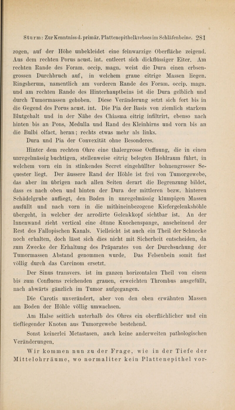 zogen, auf der Höhe unbekleidet eine feinwarzige Oberfläche zeigend. Aus dem rechten Perus acust. int. entleert sich dickflüssiger Eiter. Am rechten Rande des Foram. occip. magn. weist die Dura einen erbsen¬ grossen Durchbruch auf, in welchem graue eitrige Massen liegen. Ringsherum, namentlich am vorderen Rande des Foram. occip. magn. und am rechten Rande des Hinterhauptbeins ist die Dura gelblich und durch Tumormassen gehoben. Diese Veränderung setzt sich fort bis in die Gegend des Porus acust. int. Die Pia der Basis von ziemlich starkem Blutgehalt und in der Nähe des Chiasma eitrig infiltrirt, ebenso nach hinten bis an Pons, Medulla und Rand des Kleinhirns und vorn bis an die Bulbi olfact. heran; rechts etwas mehr als links. Dura und Pia der Oonvexität ohne Besonderes. Hinter dem rechten Ohre eine thalergrosse Oeffnung, die in einen unregelmässig buchtigen, stellenweise eitrig belegten Hohlraum führt, in welchem vorn ein in stinkendes Secret eingehüllter bohnengrosser Se¬ quester liegt. Der äussere Rand der Höhle ist frei von Tumorgewebe, das aber im übrigen nach allen Seiten derart die Begrenzung bildet, dass es nach oben und hinten der Dura der mittleren bezw. hinteren Schädelgrube aufliegt, den Boden in unregelmässig klumpigen Massen ausfüllt und nach vorn in die mithineinbezogene Kiefergelenkshöhle übergeht, in welcher der arrodirte Gelenkkopf sichtbar ist. An der Innenwand zieht vertical eine dünne Knochenspange, anscheinend der Rest des Fallopischen Kanals. Vielleicht ist auch ein Theil der Schnecke noch erhalten, doch lässt sich dies nicht mit Sicherheit entscheiden, da zum Zwecke der Erhaltung des Präparates von der Durchsuchung der Tumormassen iVbstand genommen wurde. Das Felsenbein somit fast völlig durch das Carcinom ersetzt. Der Sinus transvers. ist im ganzen horizontalen Theil von einem bis zum Confluens reichenden grauen, erweichten Thrombus ausgefüllt, nach abwärts gänzlich im Tumor aufgegangen. Die Carotis unverändert, aber von den oben erwähnten Massen am Boden der Höhle völlig umwachsen. Am Halse seitlich unterhalb des Ohres ein oberflächlicher und ein tiefliegender Knoten aus Tumorgewebe bestehend. Sonst keinerlei Metastasen, auch keine anderweiten pathologischen Veränderungen. Wir kommen nun zu der Frage, wie in der Tiefe der Mittelohrräume, wo normaliter kein Plattenepithel vor-