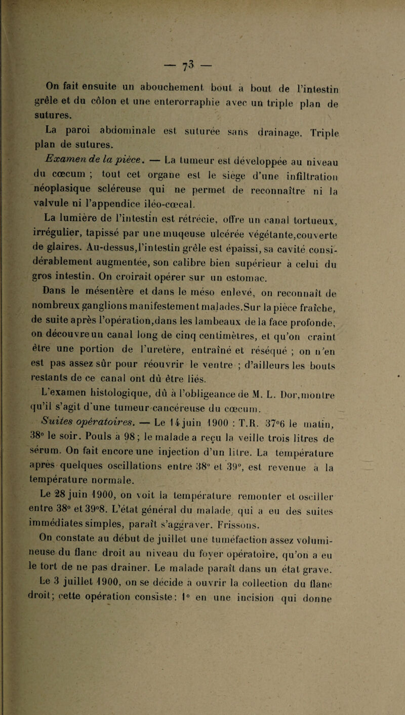 On fait ensuite un abouchement, bout a bout de l’intestin grêle et du côlon et une enterorraphie avec un triple plan de sutures. La paroi abdominale est suturée sans drainage. Triple plan de sutures. Examen de la 'pièce. — La tumeur est développée au niveau du cæcum ; tout cet organe est le siégé d’une infiltration néoplasique scléreuse qui ne permet de reconnaître ni la valvule ni l’appendice iléo-cœcal. La lumière de l’intestin est rétrécie, offre un canal tortueux, irrégulier, tapissé par unemuqeuse ulcérée végétante,couverte de glaires. Au-dessus,l’intestin grêle est épaissi, sa cavité consi¬ dérablement augmentée, son calibre bien supérieur à celui du gros intestin. On croirait opérer sur un estomac. Dans le mésentère et dans le méso enlevé, on reconnaît de nombreux ganglions manifestement malades.Sur la pièce fraîche, de suite après l’opéra lion,dans les lambeaux de la face profonde, on découvre un canal long de cinq centimètres, et qu’on craint être une portion de l’uretère, entraîné et réséqué ; on n’en est pas assez sur pour réouvrir le ventre ; d’ailleurs les bouts restants de ce canal ont dù être liés. L examen histologique, du à l’obligeance de M. L. Dor,montre qu’il s’agit d’une tumeur cancéreuse du cæcum. Suites opératoires. — Le 14 juin 1900 : T.R. 37°6 le matin, 38° le soir. Pouls a 98; le malade a reçu Ja veille trois litres de sérum. On fait encore une injection d’un litre. La température apres quelques oscillations entre 38° et 39°, est revenue a la température normale. Le 28 juin 1900, on voit la température remonter et osciller entre 38° et39°8. L’état général du malade,, qui a eu des suites immédiates simples, paraît s’aggraver. Frissons. On constate au début de juillet une tuméfaction assez volumi¬ neuse du flanc droit au niveau du foyer opératoire, qu’on a eu le tort de ne pas drainer. Le malade paraît dans un état grave. Le 3 juillet 1900, on se décide a ouvrir la collection du flanr droit; cette opération consiste: 1° en une incision qui donne