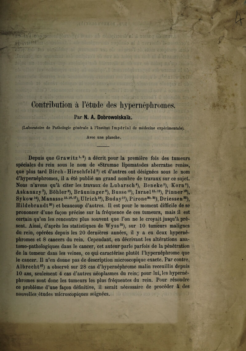 - • • 5 j • •- ' ■ ■ * * • \ j C j - • Contribution à l’étude des hypernéphromes. Par N. A. Dobrowolskaïa. (Laboratoire de Pathologie générale à l’Institut Impérial de médecine expérimentale). Avec une planche. Depuis que Grawitz1,2) a décrit pour la première fois des tumeurs spéciales du rein sous le nom de «Struraae lipomatodes aberratae renis», que plus tard Birch-Hirschfeld3) et d’autres ont désignées sous le nom d’hypernéphromes, il a été publié un grand nombre de travaux sur ce sujet. Nous n’avons qu’à citer les travaux de Lubarsch4), Beneke5), Korn6), Askanazy7), Bôhler8), Brâuninger9), Busse10), Israël11,12), Pinner18), Sykow14), Manasse15,16,17), Ulrich18), Bu day19), Pirone20,21),Driessen22), Hildebrandt23) et beaucoup d’autres. Il est pour le moment difficile de se prononcer d’une façon précise sur la fréquence de ces tumeurs, mais il est certain qu’on les rencontre plus souvent que l’on ne le croyait jusqu’à pré¬ sent. Ainsi, d’après les statistiques de Wyss35), sur 10 tumeurs malignes du rein, opérées depuis les 20 dernières années, il y a eu deux hyperné¬ phromes et 8 cancers du rein. Cependant, en décrivant les altérations ana¬ tomo-pathologiques dans le cancer, cet auteur parle parfois de la pénétration de la tumeur dans les veines, ce qui caractérise plutôt l’hypernéphrome que le cancer. Il n’en donne pas de description microscopique exacte. Par contre, Albrecht37) a observé sur 28 cas d’hypernéphrome malin receuillis depuis 10 ans, seulement 4 cas d’autres néoplasmes du rein; pour lui, les hyperné¬ phromes sont donc les tumeurs les plus fréquentes du rein. Pour résoudre ce problème d’une façon définitive, il serait nécessaire de procéder à des nouvelles études microscopiques soignées.