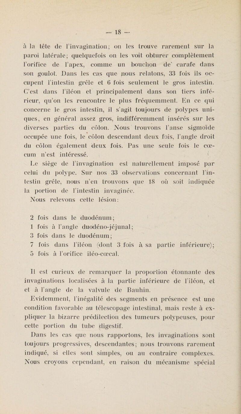 à la tête de l’invagination; on les trouve rarement sur la paroi latérale; quelquefois on les voit obturer complètement l’orifice de l’apex, comme un bouchon de' carafe dans son goulot. Dans les cas que pou s relatons, 33 fois ils oc¬ cupent l’intestin grêle et 6 fois seulement le gros intestin. C’est dans l’iléon et principalement dans son tiers infé¬ rieur, qu’on les rencontre le plus fréquemment. En ce qui concerne le gros intestin, il s’agit toujours de polypes uni¬ ques, en général assez gros, indifféremment insérés sur les diverses parties du côlon. Nous trouvons l’anse sigmoïde occupée une fois, le côlon descendant deux fois, l’angle droit du côlon également deux fois. Pas une seule fois le cæ¬ cum n’est intéressé. [ Le siège de l’invagination est naturellement imposé par celui du polype. Sur nos 33 observations concernant l’in¬ testin grêle, nous n’en trouvons que 18 où soit indiquée J a portion de l’intestin invaginée. Nous relevons cette lésion: 2 fois dans le duodénum; I fois à l’angle duodéno-jéjunal; 3 fois dans le duodénum; 7 fois dans l’iléon (dont 3 fois à sa partie inférieure); 5 fois à l’orifice iléo-cœcal. II est curieux de remarquer la proportion étonnante des invaginations localisées à la partie inférieure de l'iléon, et et à l’angle de la valvule de Bauhin. Evidemment, l’inégalité des segments en présence est une condition favorable au télescopage intestinal, mais reste à ex¬ pliquer la bizarre prédilection des tumeurs polypeuses, pour cette portion du tube [digestif. Dans les cas que nous rapportons, les invaginations sont toujours progressives, descendantes; nous trouvons rarement indiqué, si elles sont simples, ou au contraire complexes. Nous croyons cependant, en raison du mécanisme spécial