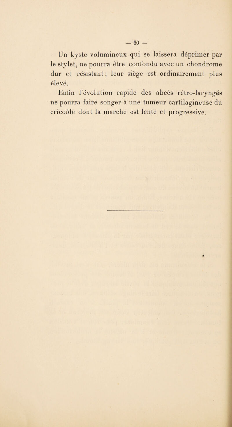 Un kyste volumineux qui se laissera déprimer par le stylet, ne pourra être confondu avec un chondrome dur et résistant ; leur siège est ordinairement plus élevé. Enfin l’évolution rapide des abcès rétro-laryngés ne pourra faire songer à une tumeur cartilagineuse du cricoïde dont la marche est lente et progressive.