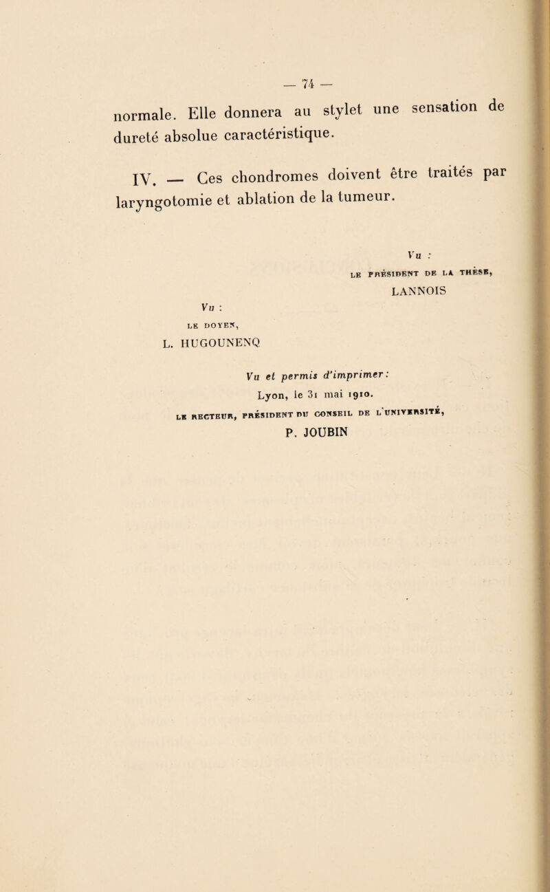normale. Elle donnera au stylet une sensation de dureté absolue caractéristique. JY __ Ces chondromes doivent être traités par laryngotomie et ablation de la tumeur. Vu : LE DOYEN, L. HUGOUNENQ Vu : LE PRÉSIDENT DE LA. THESE, LANNOIS Vu et permis d'imprimer : Lyon, le 3i mai 1910. LE RECTEUR, PRESIDENT DU CONSEIL DE L'UNIVERSITÉ, P. JOUBIN