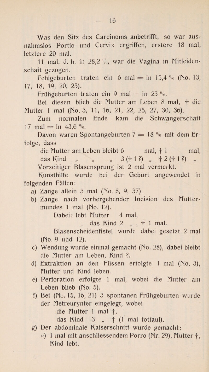 Was den Sitz des Carcinoms anbetrifft, so war aus¬ nahmslos Portio und Cervix ergriffen, erstere 18 mal, letztere 20 mal. 11 mal, d. h. in 28,2 %, war die Vagina in Mitleiden¬ schaft gezogen. Fehlgeburten traten ein 6 mal = in 15,4 % (No. 13, 17, 18, 19, 20, 23). Frühgeburten traten ein 9 mal = in 23 %. Bei diesen blieb die Mutter am Leben 8 mal, f die Mutter 1 mal (No. 3, 11, 16, 21, 22, 25, 27, 30, 36). Zum normalen Ende kam die Schwangerschaft 17 mal = in 43,6 %. Davon waren Spontangeburten 7=18% mit dem Er¬ folge, dass die Mutter am Leben bleibt 6 mal, f 1 mal, das Kind „ „ „ 3 (f 1 ?) „ f2 (f 1 ?) „ Vorzeitiger Blasensprung ist 2 mal vermerkt. Kunsthilfe wurde bei der Geburt angewendet in folgenden Fällen: a) Zange allein 3 mal (No. 8, 9, 37). b) Zange nach vorhergehender Incision des Mutter¬ mundes 1 mal (No. 12). Dabei: lebt Mutter 4 mal, „ das Kind 2 „ , f 1 mal. Blasenscheidenfistel wurde dabei gesetzt 2 mal (No. 9 und 12). c) Wendung wurde einmal gemacht (No. 28), dabei bleibt die Mutter am Leben, Kind ?. d) Extraktion an den Füssen erfolgte 1 mal (No. 3), Mutter und Kind leben. e) Perforation erfolgte 1 mal, wobei die Mutter am Leben blieb (No. 5). f) Bei (No. 15, 16, 21) 3 spontanen Frühgeburten wurde der Metreurynter eingelegt, wobei die Mutter 1 mal f, das Kind 3 „ f (1 mal totfaul). g) Der abdominale Kaiserschnitt wurde gemacht: o) 1 mal mit anschliessendem Porro (Nr. 29), Mutter f, Kind lebt.