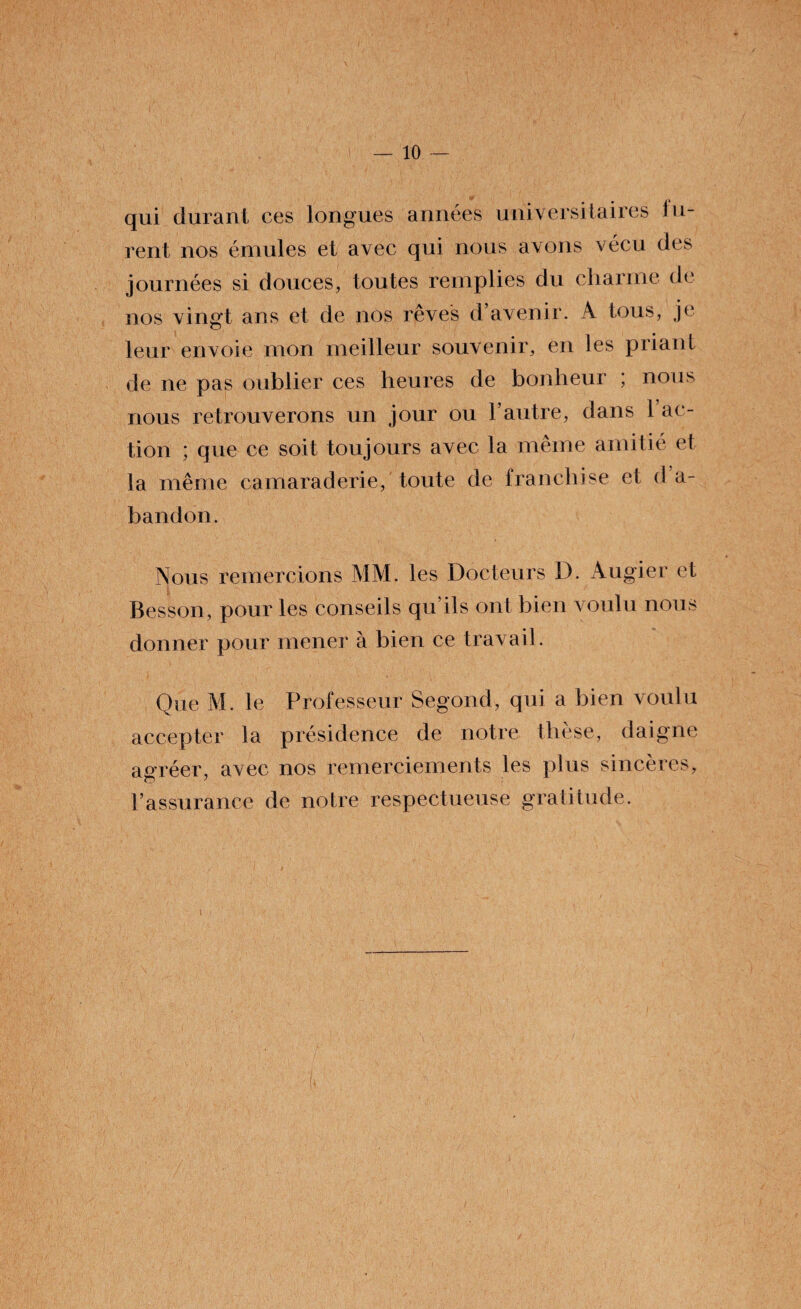 qui durant ces longues années universitaires lu¬ rent nos émules et avec qui nous avons vécu des journées si douces, toutes remplies du charme de nos vingt ans et de nos rêves d avenir. A tous, je leur envoie mon meilleur souvenir, en les priant de ne pas oublier ces heures de bonheur ; nous nous retrouverons un jour ou l’autre, dans 1 ac¬ tion ; que ce soit toujours avec la même amitié et la même camaraderie, toute de franchise et d a- bandon. Nous remercions MM. les Docteurs D. Augier et Besson, pour les conseils qu'ils ont bien voulu nous donner pour mener à bien ce travail. Que M. le Professeur Segond, qui a bien voulu accepter la présidence de notre thèse, daigne agréer, avec nos remerciements les plus sincères, l’assurance de notre respectueuse gratitude.