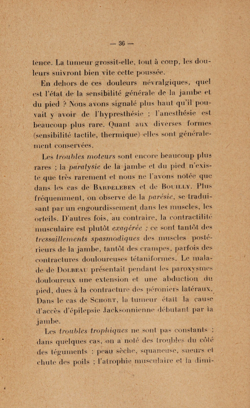 lence. La tumeur grossit-elle, tout à coup, les dou¬ leurs suivront bien vite cette poussée. En dehors de ces douleurs névralgiques, quel est l’état de la sensibilité générale de la jambe et du pied ? Nous avons signalé plus haut qu il pou¬ vait y avoir de l’hypresthésie ; l'anesthésie est beaucoup plus rare. Quant aux diverses formes (sensibilité tactile, thermique) elles sont générale¬ ment conservées. Les troubles moteurs sont encore beaucoup plus rares ; la paralysie de la jambe et du pied n’exis¬ te que très rarement et nous ne l'avons notée que dans les cas de Barreleben et de Boiilly. Plus fréquemment, on observe de la parésie, se tradui¬ sant par un engourdissement dans les muscles, les orteils. D’autres fois, au contraire, la contractilité musculaire est plutôt exagérée ; ce sont tantôt des tressaillements spasmodiques des muscles posté¬ rieurs de la jambe, tantôt des crampes, parfois des contractures douloureuses tétaniformes. Le tnaïa¬ de de Doebeai présentait pendant les paroxysmes douloureux une extension et une abduction du pied, dues à la contracture des péroniers latéraux. Dans le cas de Schort, la tumeur était la cause d’accès d’épilepsie Xacksonnienne débutant par la jambe. Les troubles trophiques ne sont pas constants ; dans quelques cas, on a noté des troubles du côté des téguments : peau sèche, squaneuse, sueurs et chute des poils ; l’atrophie .musculaire et la d'uni-